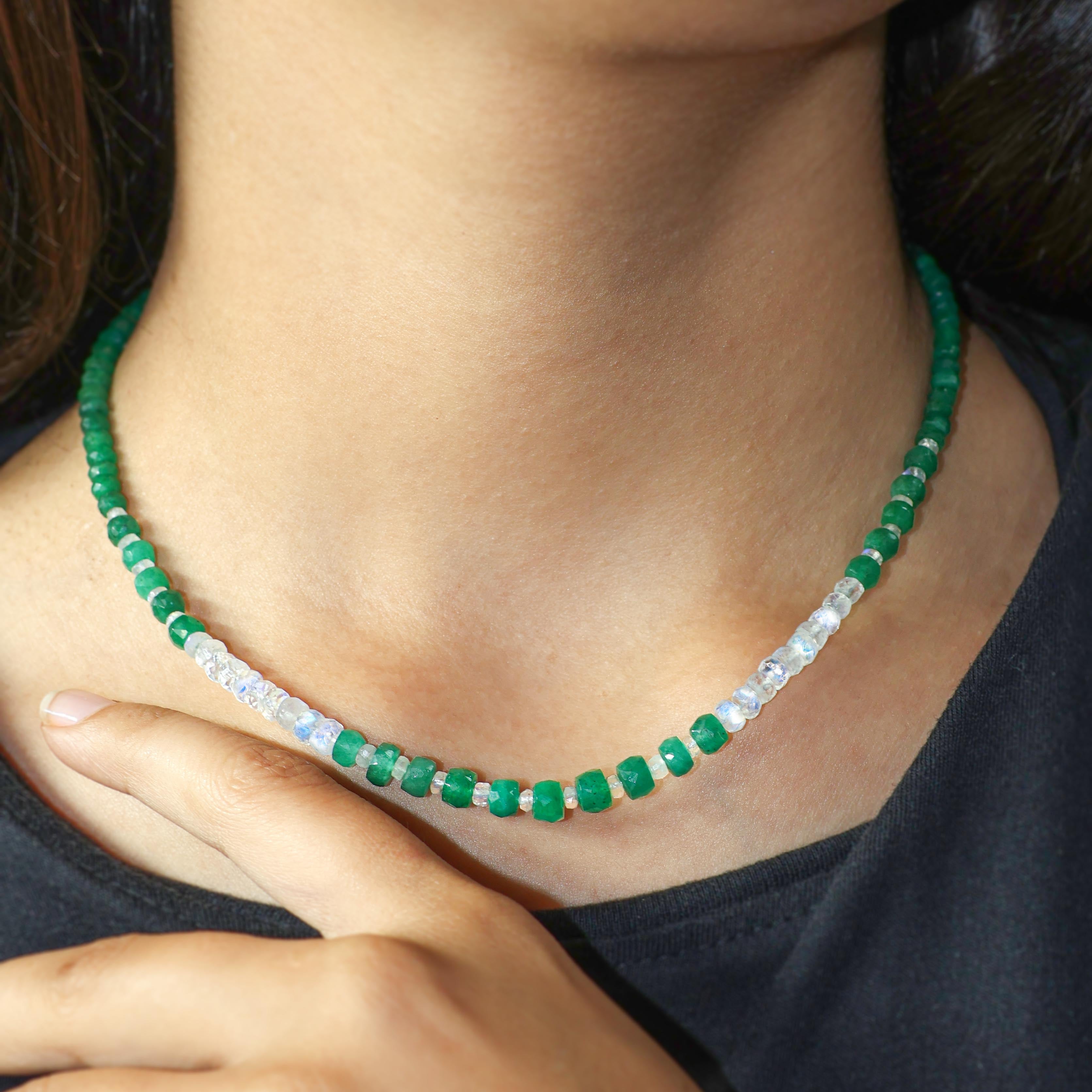 Natural Emerald and Moonstone Handmade Bead Strand Necklace - Boho Chic Jewelry for Women, Spiritual Healing Crystal Necklace for Meditation, Yoga & Everyday Wear