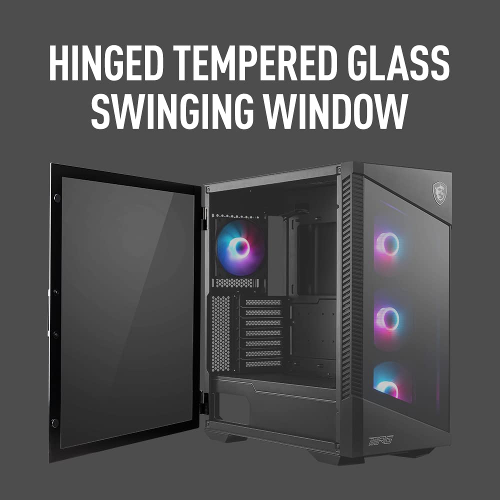 MSI MPG Velox 100R Mid-Tower Gaming PC Case with Tempered Glass Side Panel - 4 x 120mm ARGB Fans, 360mm Liquid Cooling Support, Mesh Front Panel for Optimal Airflow - Perfect for High-Performance Gaming Rigs and Custom PC Builds