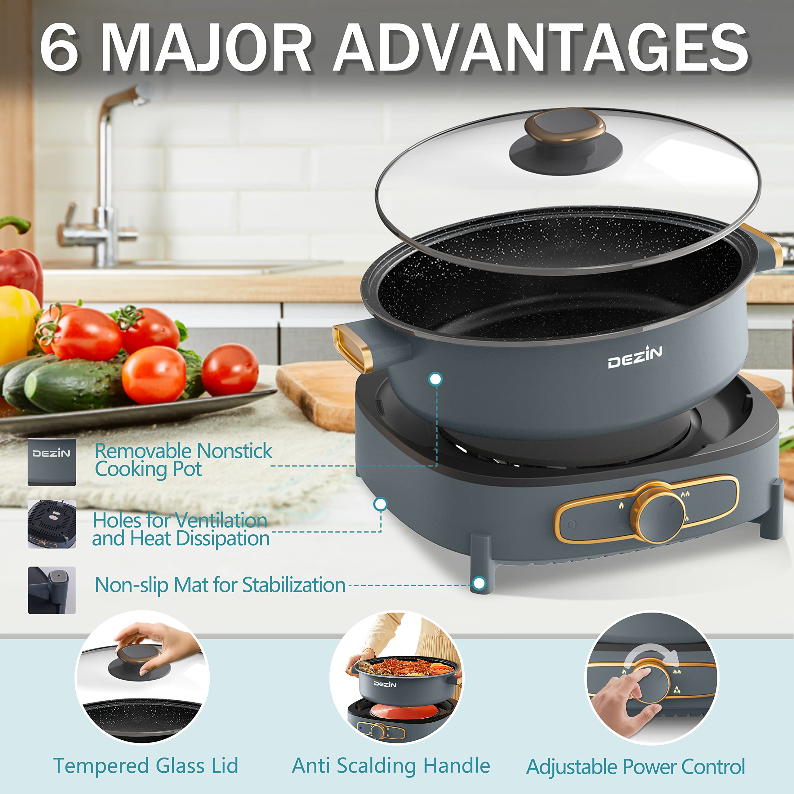 Electric Shabu Shabu Hot Pot - 5L Non-Stick Electric Fondue Pot with Removable Pot, Multi-Power Control & Tempered Glass Lid - Perfect for Family Gatherings, Dinner Parties & Asian Hot Pot Nights