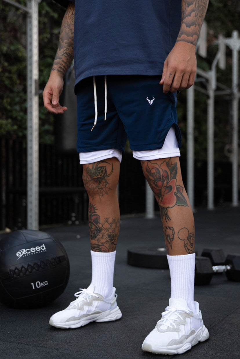 Cerus Navy Quantum 2-in-1 Running Shorts with Built-in Liner - Men's Athletic Workout Gym & Training Shorts for Running, Hiking, and Sports Activities