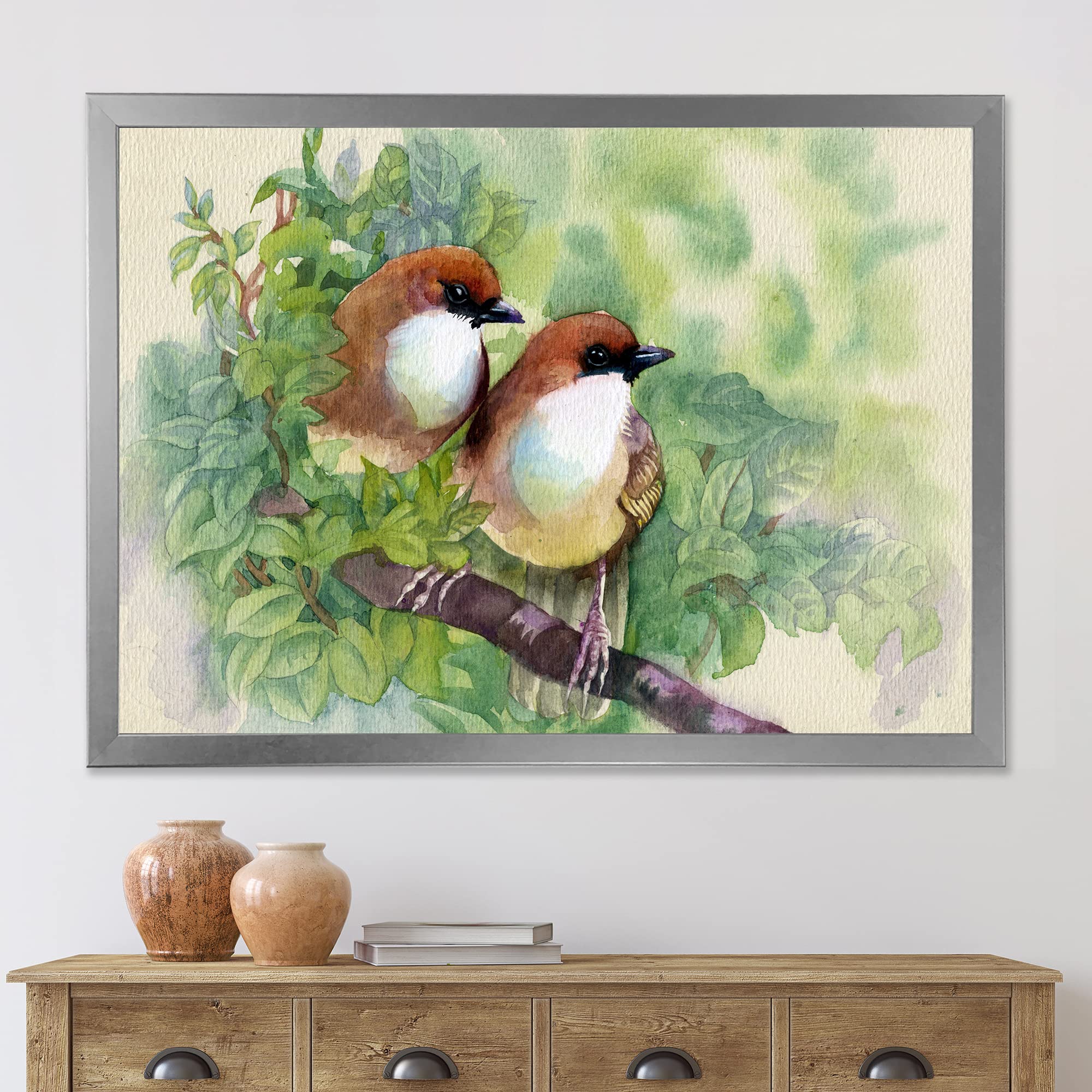 DesignQ Birds Of Spring Traditional Framed Wall Art - Hand-Painted Canvas Home Decor for Living Room, Bedroom & Office