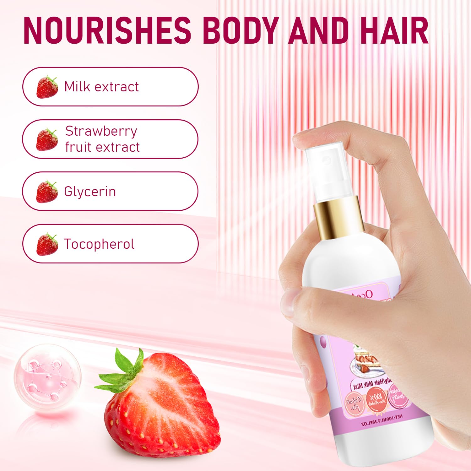 Vanilla Cream Puff Body Milk Mist Spray - Hydrating Moisturizer for Skin & Hair - Sweet Strawberry Scented Body Lotion Spray for Dry Skin Care - Perfect for Daily Use, Post-Shower Hydration & On-The-Go Moisturizing