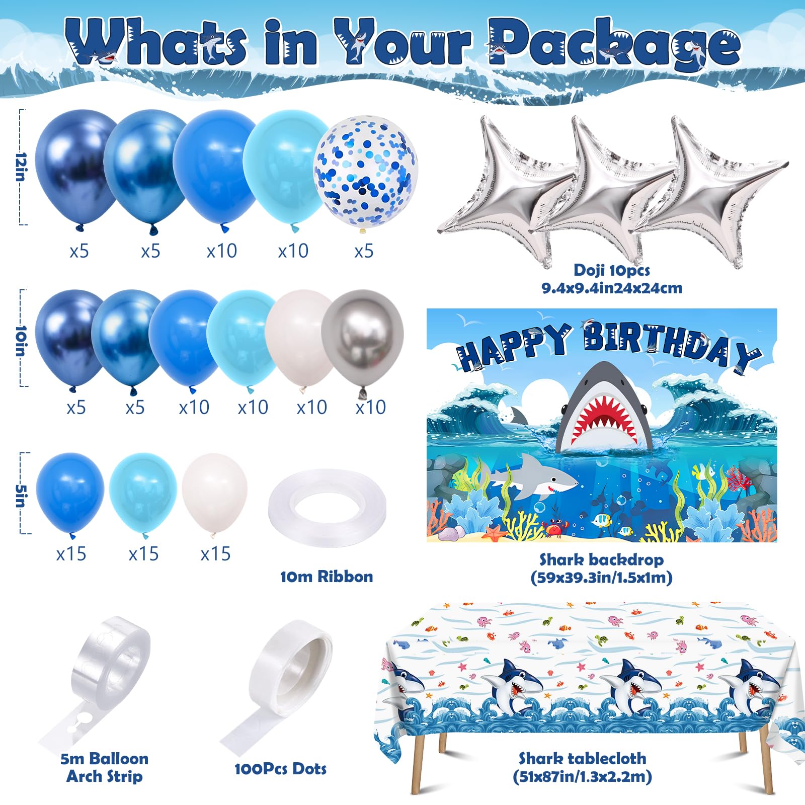 **Winrayk 145Pcs Shark Birthday Party Decorations Kit - Ocean Themed Balloon Garland Arch, Backdrop, Tablecloth & Star Balloons for Kids Boys - Perfect for Under the Sea Birthday Party, Baby Shower & Themed Events**