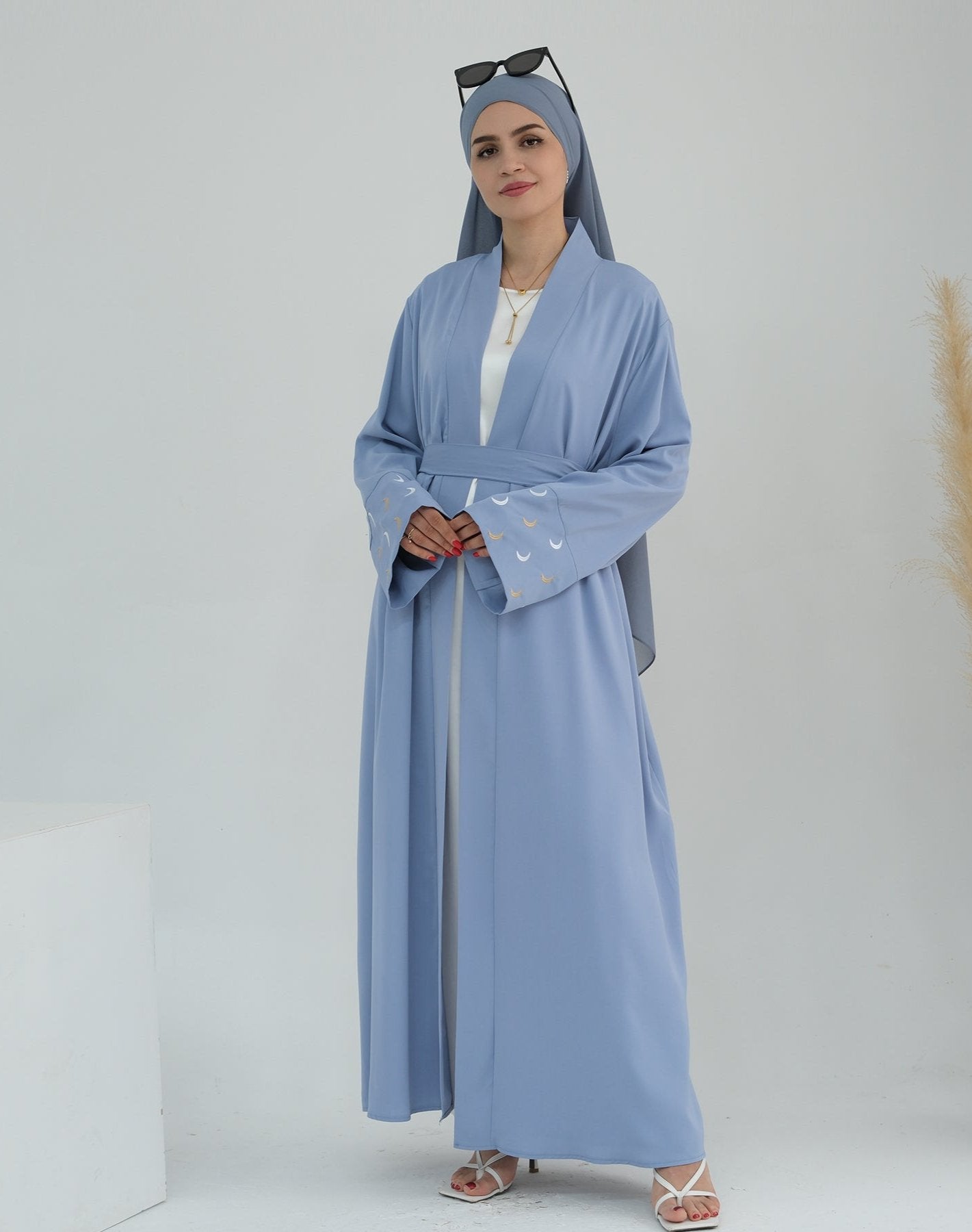 Elegant Muna Open Abaya Kimono in Blue - Modest Muslim Women's Prayer Dress for Home, Mosque & Special Occasions