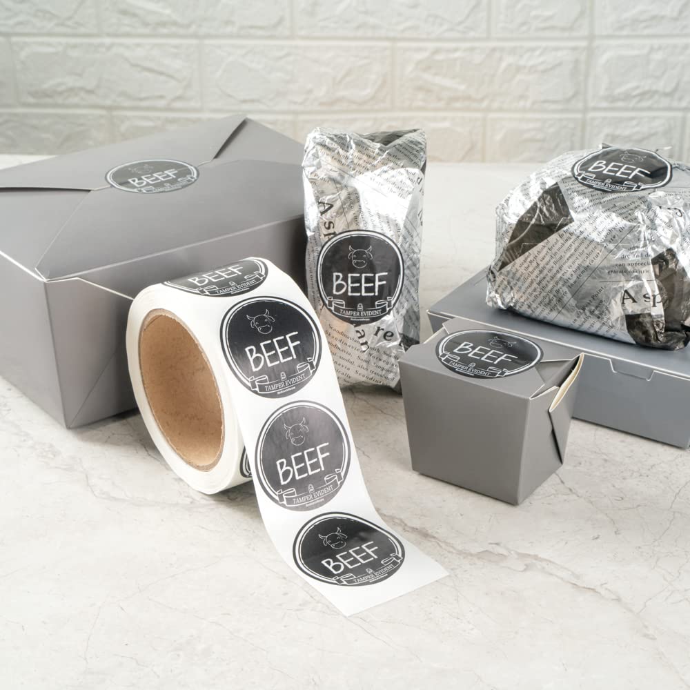 Restaurantware Label Tek 2 Inch Tamper-Evident Stickers for Beef - 500 Rolled Tamper Seal Stickers with Chalkboard Design | Safe Food Delivery | Black Plastic Stickers with White Font | Ideal for Takeout Containers, Grocery Packaging & Food Safety Compliance