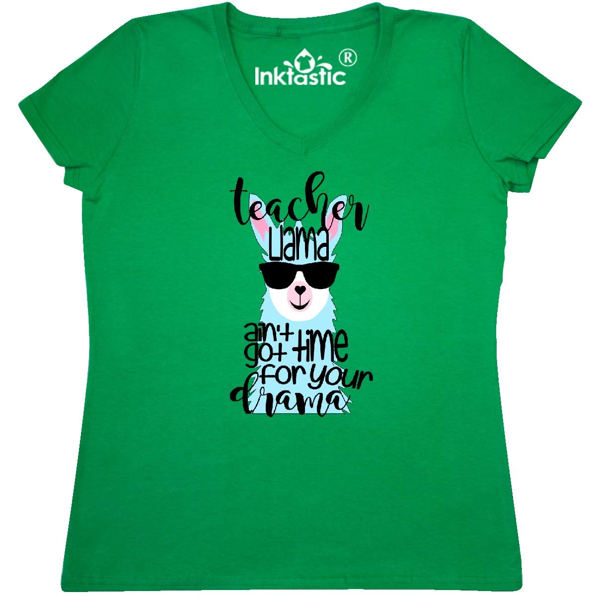 Inktastic Funny Teacher Llama T-Shirt - 'Ain't Got Time for Your Drama' Women's V-Neck Tee - Perfect for School, Gifts & Casual Wear
