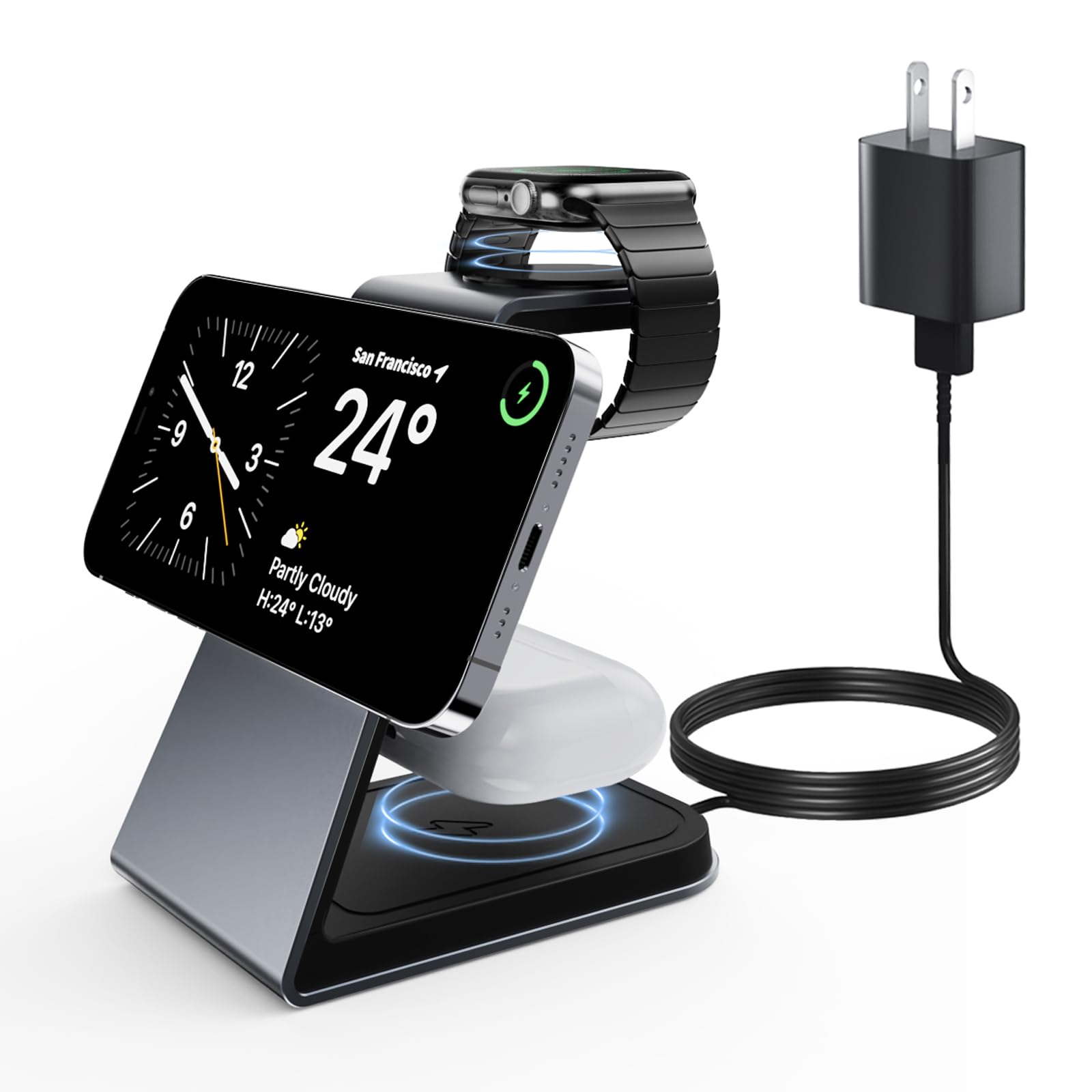3-in-1 Magnetic Wireless Charging Station for iPhone 15/14/13/12, Apple Watch S2-S9 & AirPods 3/2/Pro - Fast Qi-Certified Charger with Strong Magnets (Space Gray) | Perfect for Bedside, Office Desk & Travel Charging