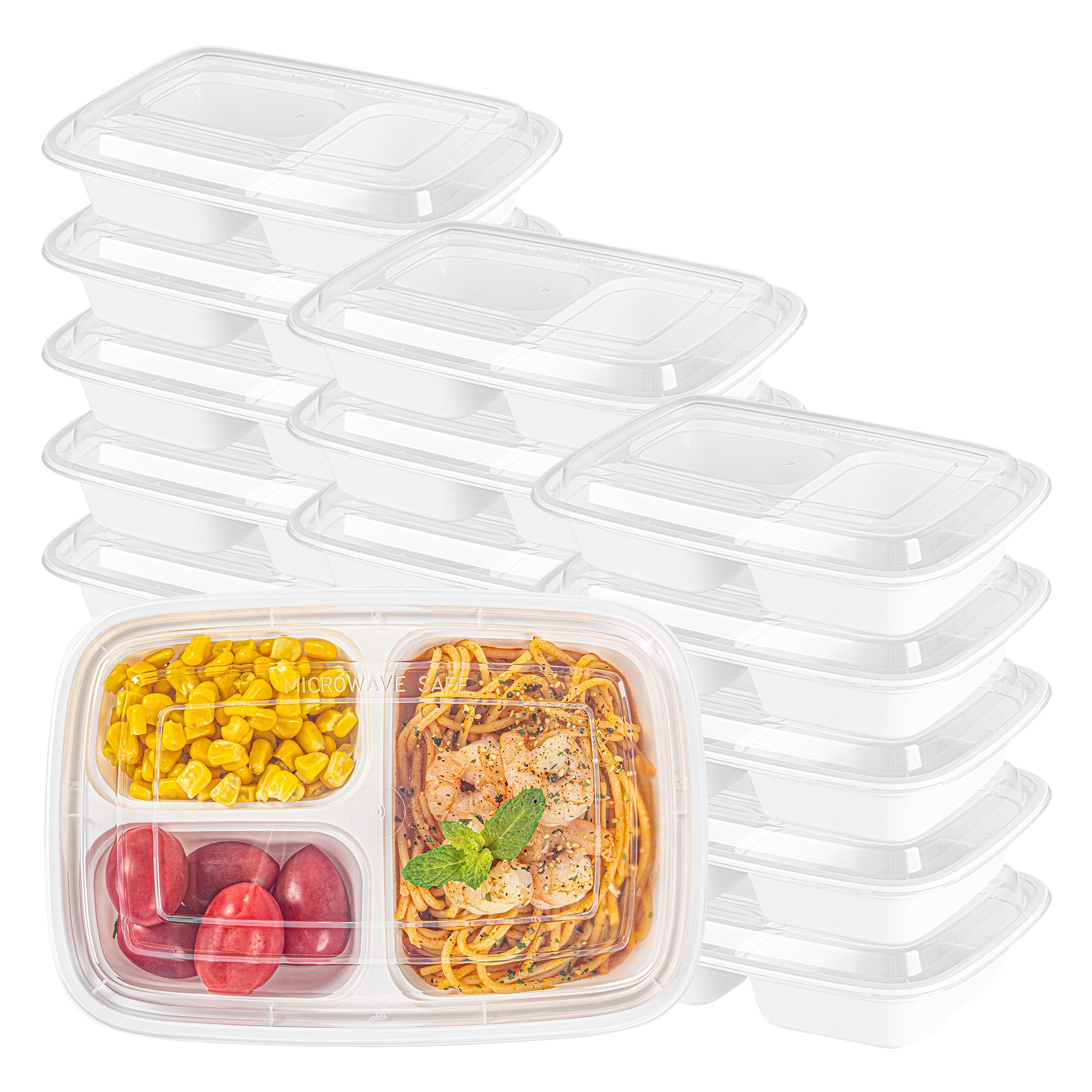 26 oz White Plastic 3-Compartment Meal Prep Containers with Clear Lids - Microwave Safe, BPA Free (8.75