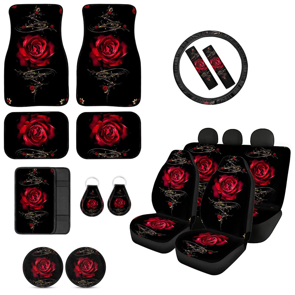 Premium Red Rose Car Seat Cover Set - Steering Wheel Cover, Armrest Cushion, Seatbelt Pads & Floor Mats for Cars | Luxury Car Accessories for Women & Men | Perfect for Valentine's Day Gifts, Anniversary Presents & Car Interior Decoration