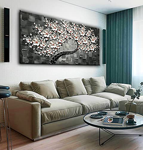 24x48 Inch Hand-Painted Contemporary Abstract Oil Painting - White Flowers Tree 3D Canvas Wall Art for Living Room, Bedroom & Office Decor | Modern Floral Home Decor
