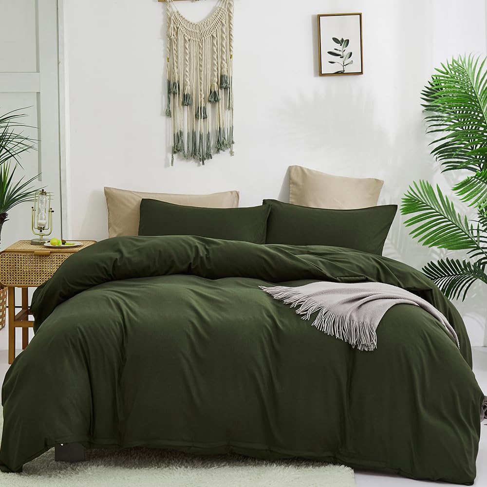 CLOTHKNOW Army Green Comforter Set Queen - 3Pcs Cotton Bedding Set, Dark Green & Olive Green Solid Comforter with Soft Blankets - Perfect for Military Themed Bedrooms, Guest Rooms & Cozy Winter Nights
