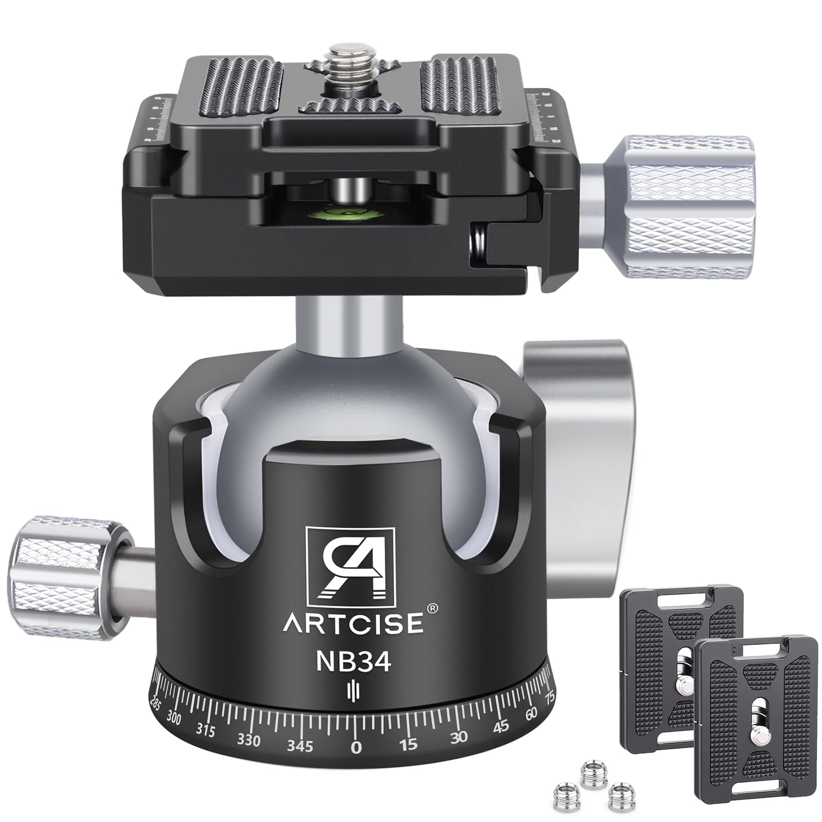 Professional 34mm Ball Low Profile Tripod Head with 2 Arca Swiss Quick Release Plates - CNC Aluminum 360° Rotating Panoramic Ball Head for DSLR Cameras, Monopods & Camcorders - Max Load 33.1lbs/15kg - Perfect for Photography, Videography & Travel Shooting
