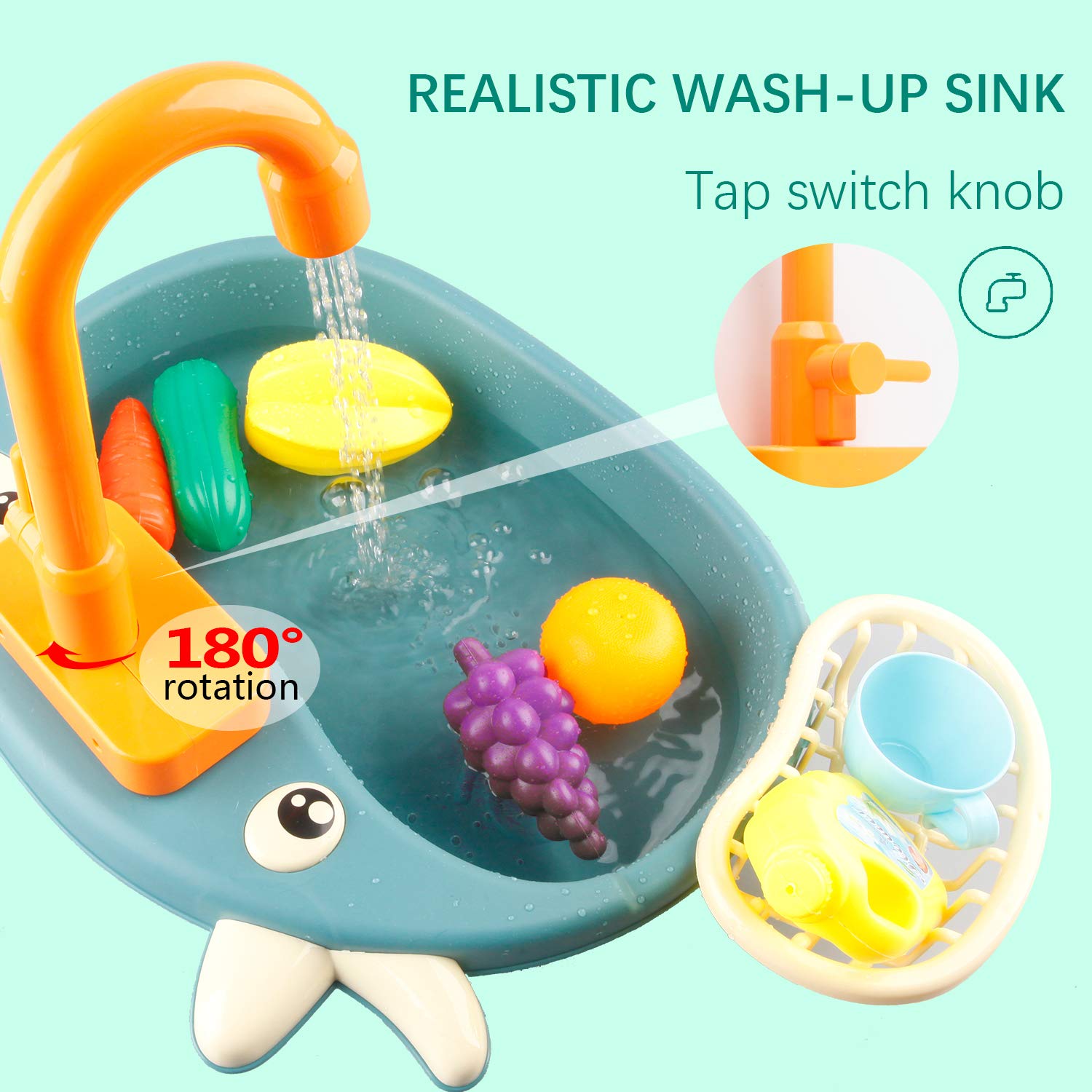 Ruibytree Kids Pretend Play Kitchen Sink Toy with Electric Running Water Faucet, Dishwasher & Cutting Food Accessories - Role Play Toy for Toddlers (Cute Cow Design) - Perfect for Preschool Learning & Imaginative Play