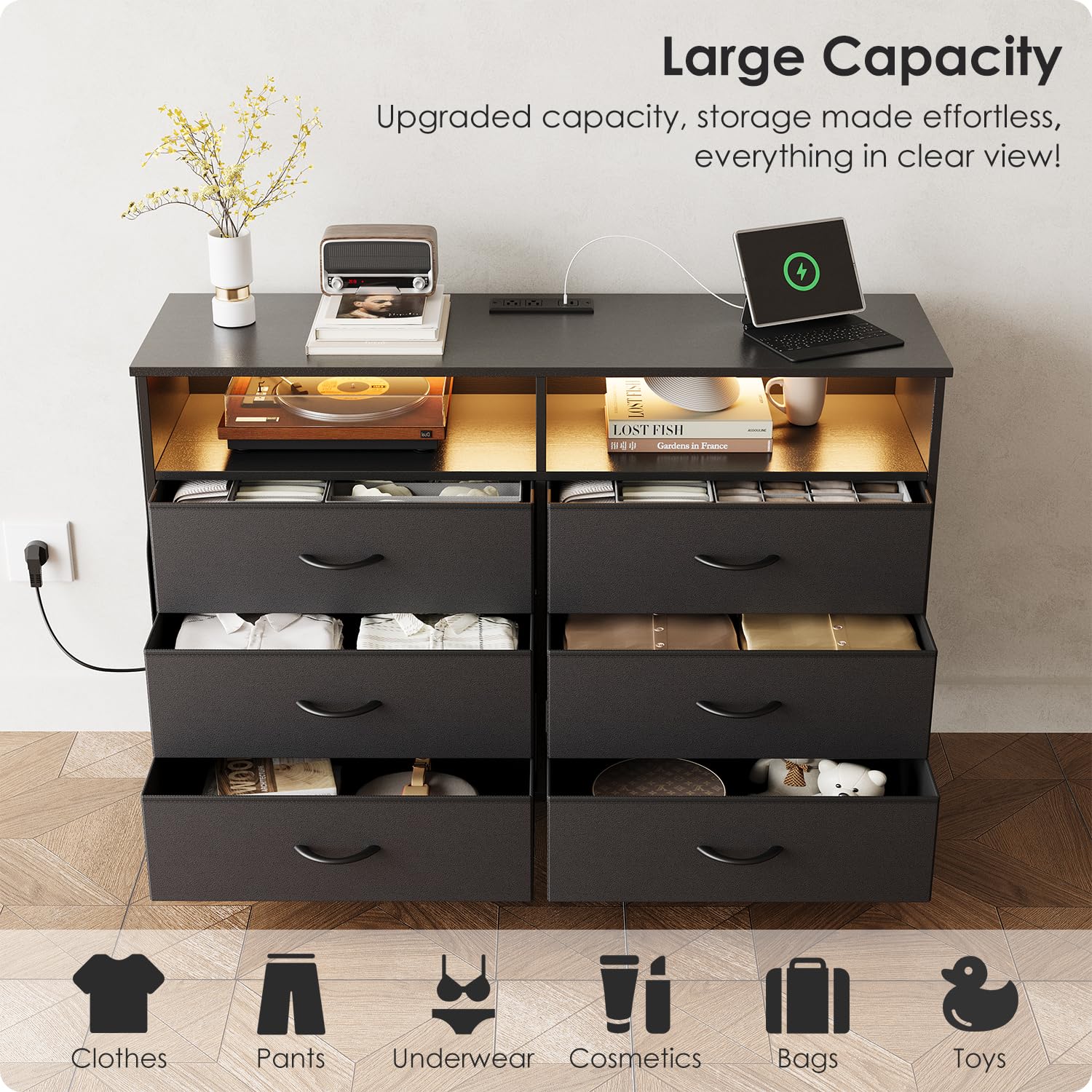 Modern Black 6-Drawer Wood Dresser with LED Lights & USB Charging Station - Bedroom Storage Cabinet with Extra Side Bag & Double Wide Drawers - TV Stand for 60