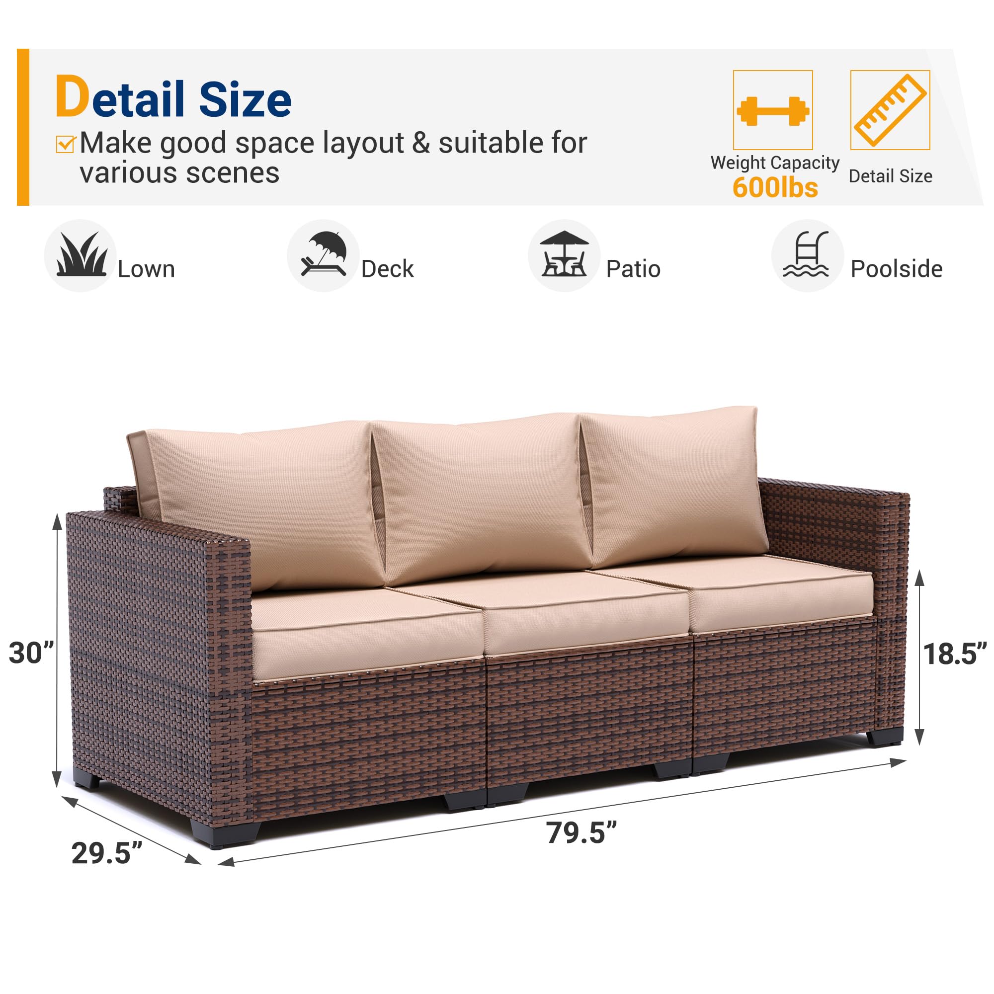 UDPATIO 3-Seat Patio Wicker Sofa Set - Outdoor Rattan Sectional Couch with Steel Frame, Waterproof Furniture Cover, Non-Slip Cushions & Deep Seating High Back - Khaki Brown - Perfect for Garden, Poolside, Balcony & Backyard Relaxation
