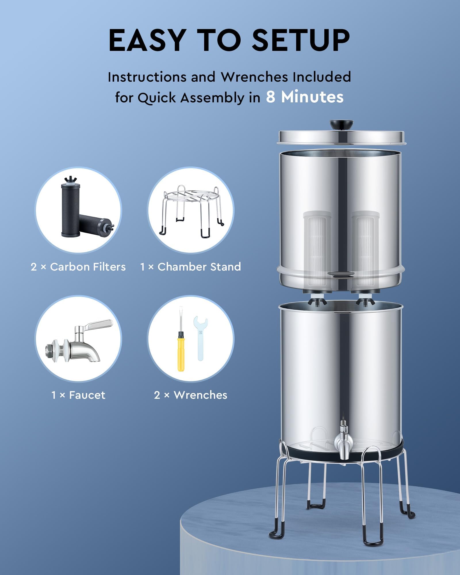 CO-Z Gravity Fed Water Filter System - 2.25 Gallon Stainless Steel Countertop Water Purifier with 2 Carbon Filters, NSF/ANSI 42 Certified for Clean Drinking Water | Perfect for Camping, Emergency Preparedness & Off-Grid Living