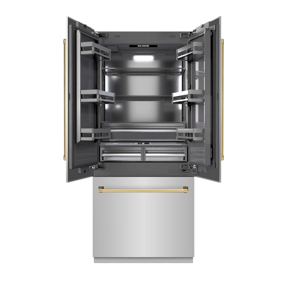 ZLINE Autograph Edition 36 Inch 19.6 cu ft French Door Built-In Bottom Freezer Refrigerator with Water Dispenser & Ice Maker - Stainless Steel with Graphite Gray Interior & Polished Gold Accents (GRBIVZ 304 36G) - Perfect for Modern Kitchens & Luxury Homes