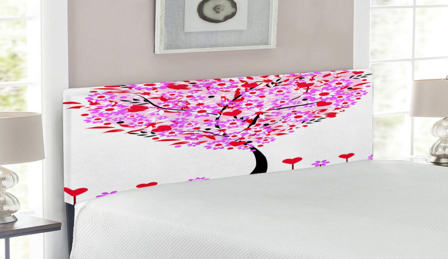 Ambesonne Valentine Upholstered Headboard - Heart Shaped Tree with Daisies Wildflowers Design, Red Leaves Forest Romance Theme, Queen Size Decorative Metal Bed Frame with Memory Foam | Perfect for Master Bedroom, Guest Room & Romantic Home Decor