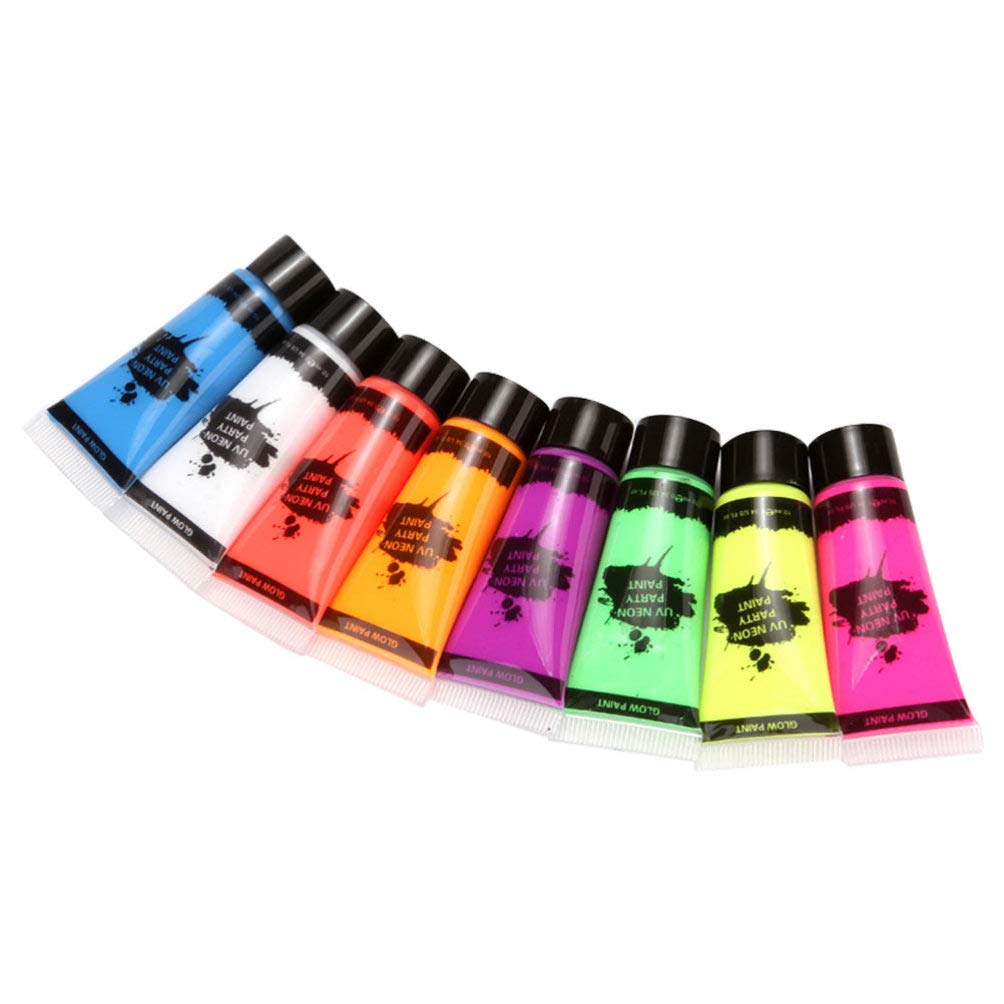 FRCOLOR UV Neon Glow Body Paint Set - 8pcs 10ml Fluorescent Face & Body Paint Kit for Halloween, Christmas, Birthday Parties - Washable, Non-Toxic for Adults & Kids - Perfect for Festivals, Raves, and Night Events