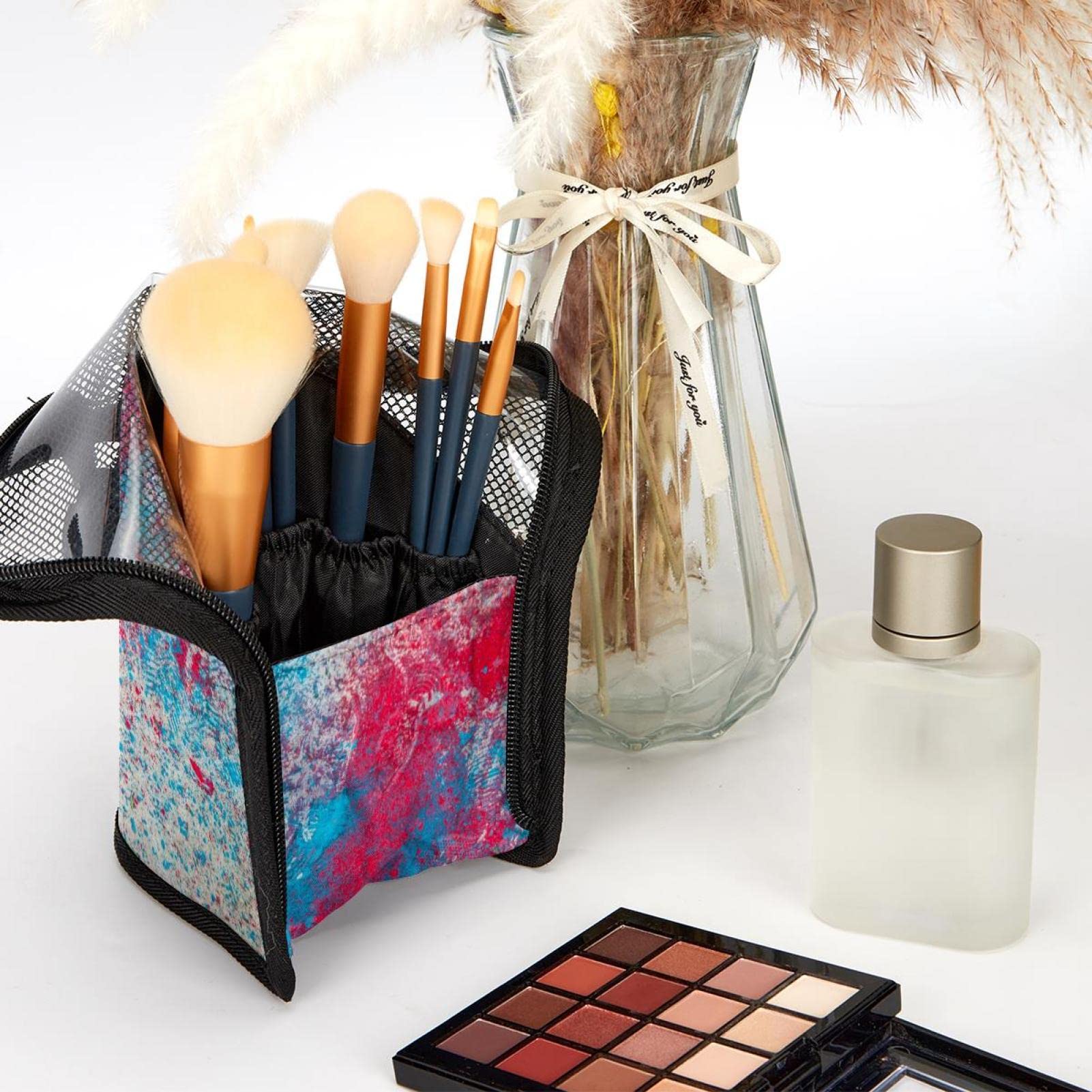 12-Piece Makeup Brush Organizer Bag Set - Portable Waterproof Cosmetic Brush Holder Case with Graffiti Design (Blue/Red) - Perfect for Travel, Home Storage & Professional Makeup Artists