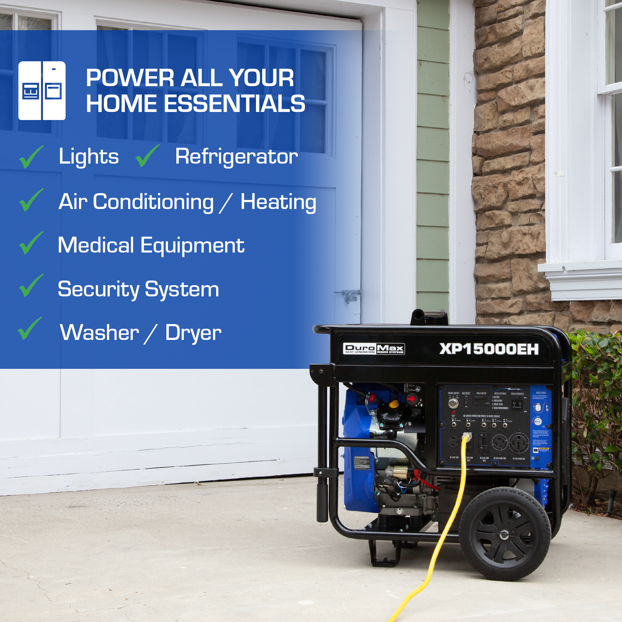 15,000W Dual Fuel Portable Generator - Gas & Propane Powered - Backup Power for Home, Camping & Emergency Use