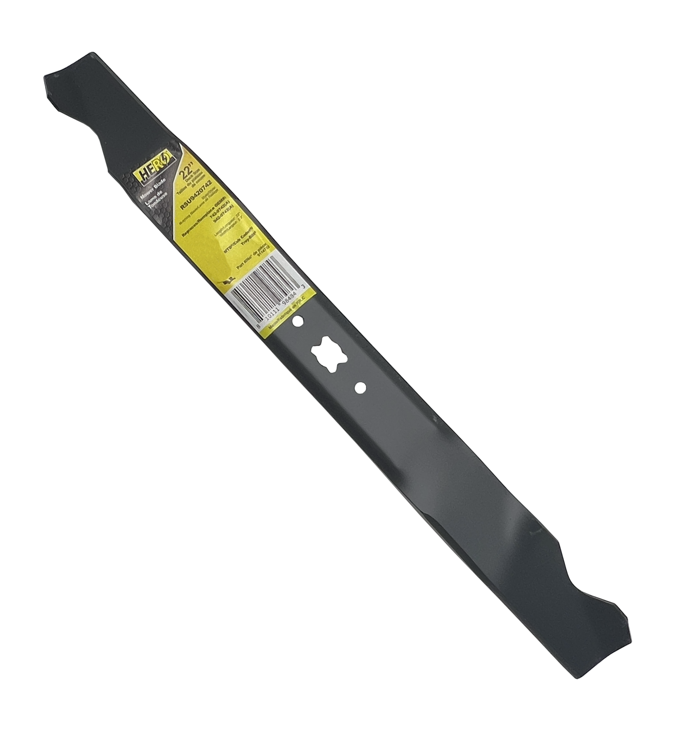 HERO® Mulching Mower Blade for MTD Cub Cadet Troy Bilt - 22 Inch Deck, 2.5 Inch CtoC, 59/64 x 11/16 Inch Bow Tie Center Hole - Replaces 742-0742 & 942-0742 - Perfect for Lawn Care & Grass Cutting