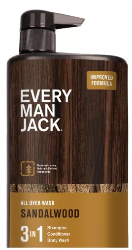 Every Man Jack Sandalwood 3-in-1 Hydrating Body Wash, Shampoo & Conditioner for Men - 28.8 fl oz with Bath Sponge Loofah | Refreshing Scent for Daily Shower & Gym Use