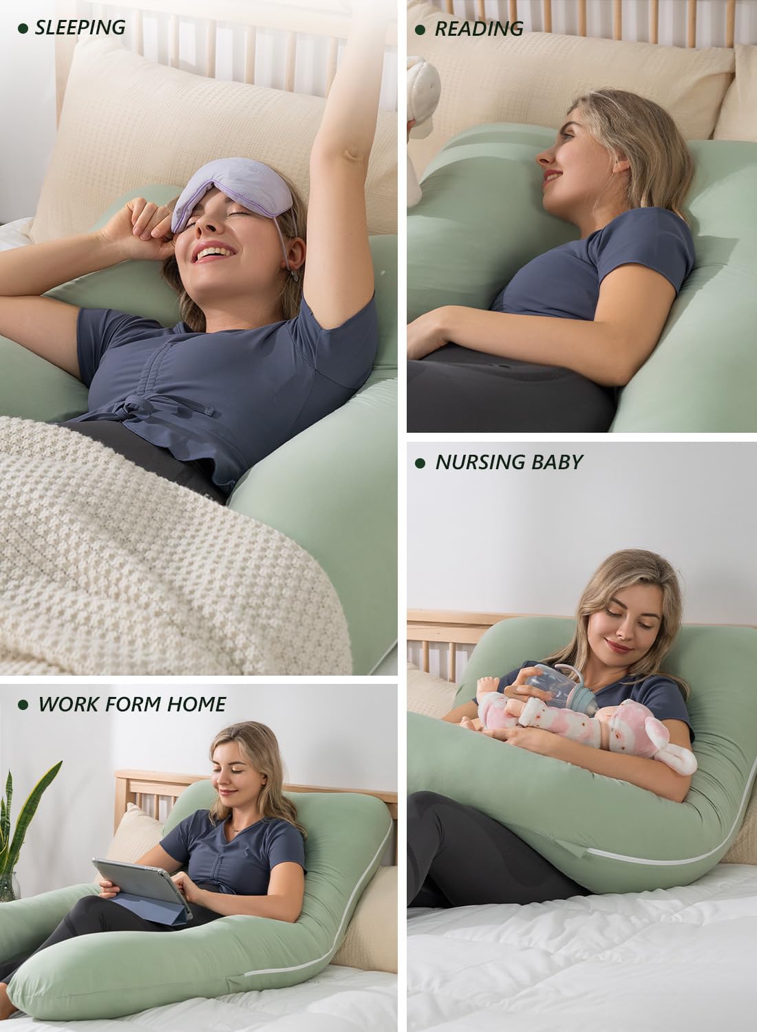 Meiz U-Shaped Pregnancy Pillow - Cooling Maternity Support for Sleeping, Sage Green - Perfect for Comfort During Pregnancy & Nursing