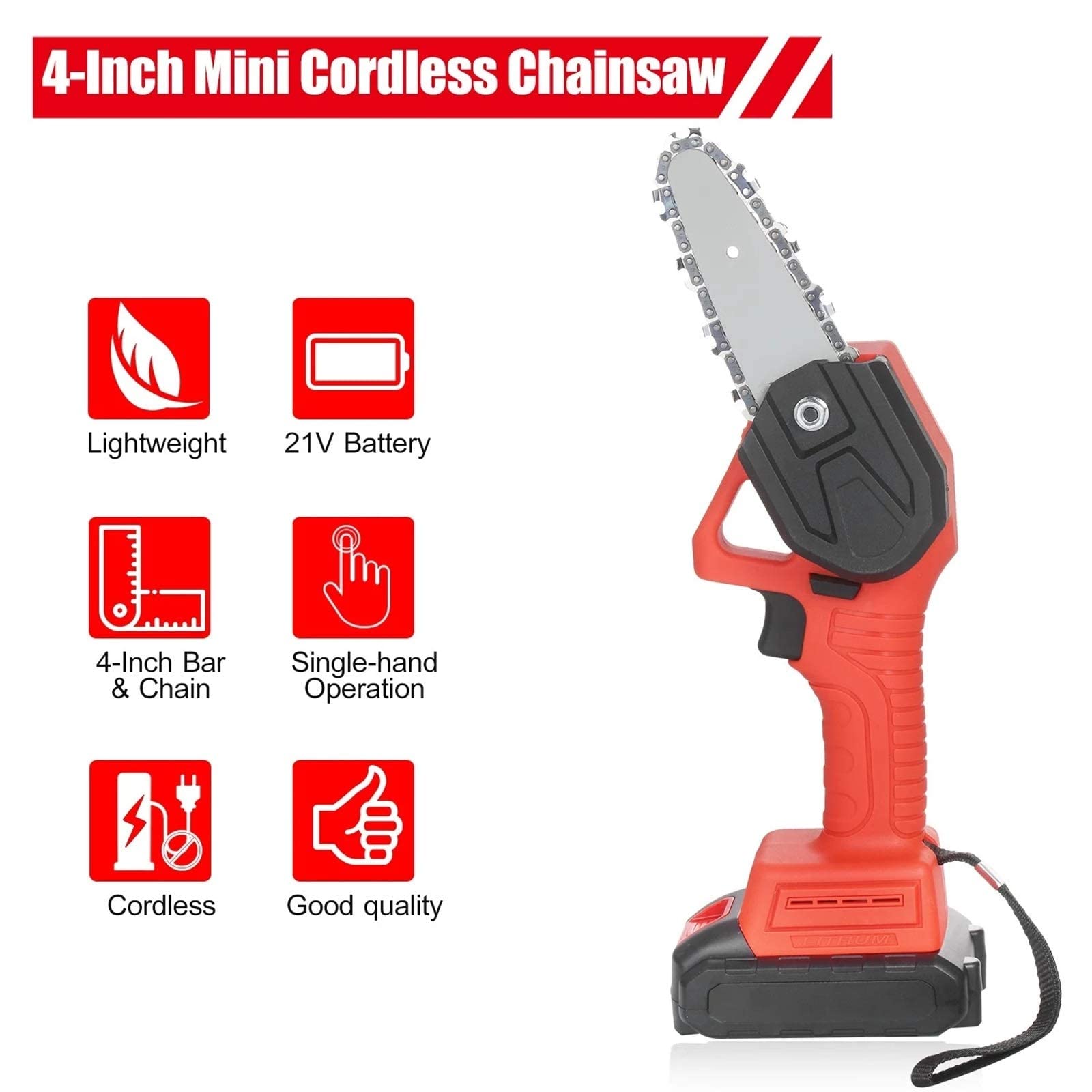 21V Cordless Electric Pruning Chainsaw with 2.0Ah Battery & Charger - 4 Inch Lightweight Tree Trimmer for Garden Pruning, Landscaping & DIY Wood Cutting