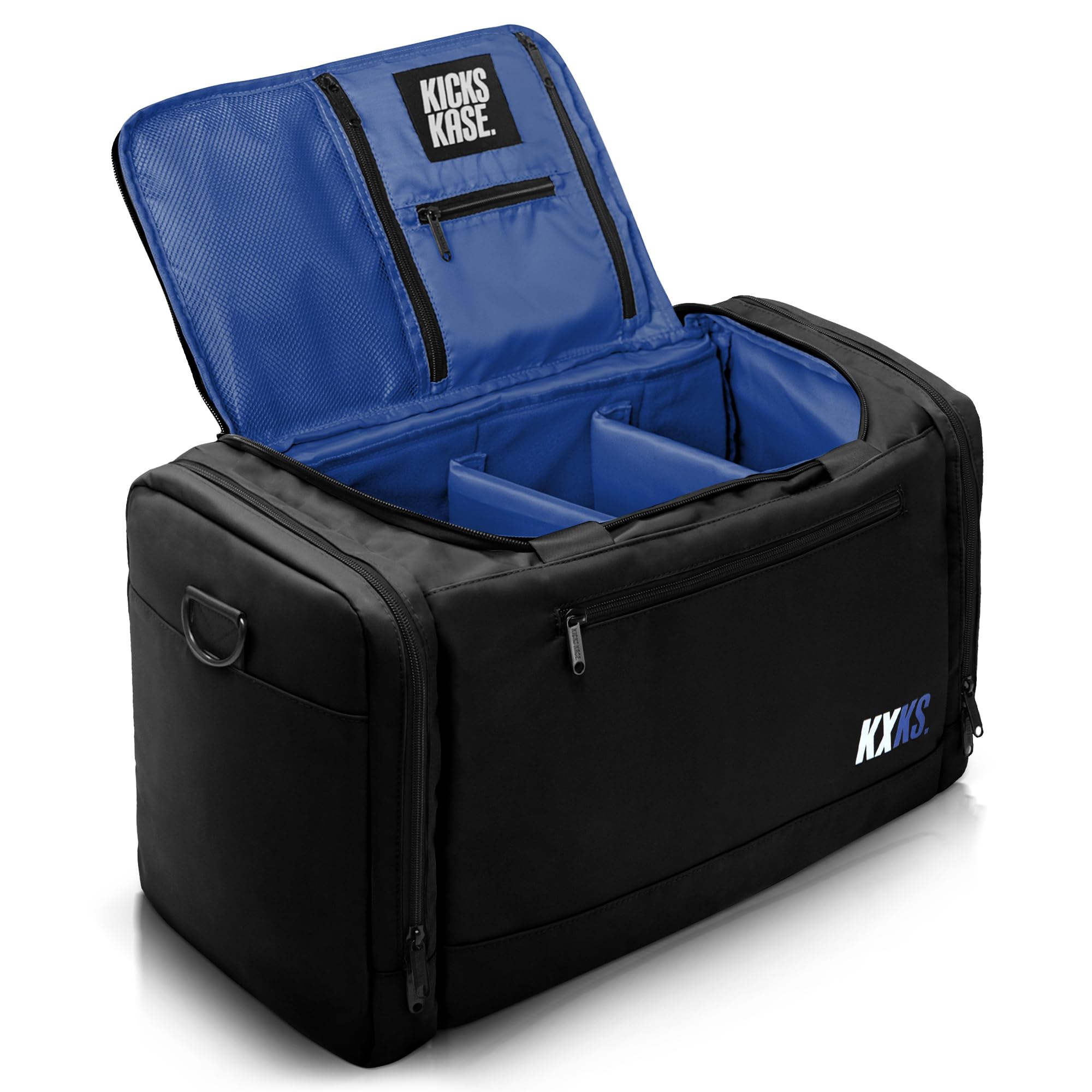 Premium Sneaker & Travel Duffel Bag with 3 Adjustable Compartments - Waterproof Shoe Storage for Gym, Travel & Sports Gear - Black/Blue - Ideal for Sneakerheads, Athletes & Frequent Travelers