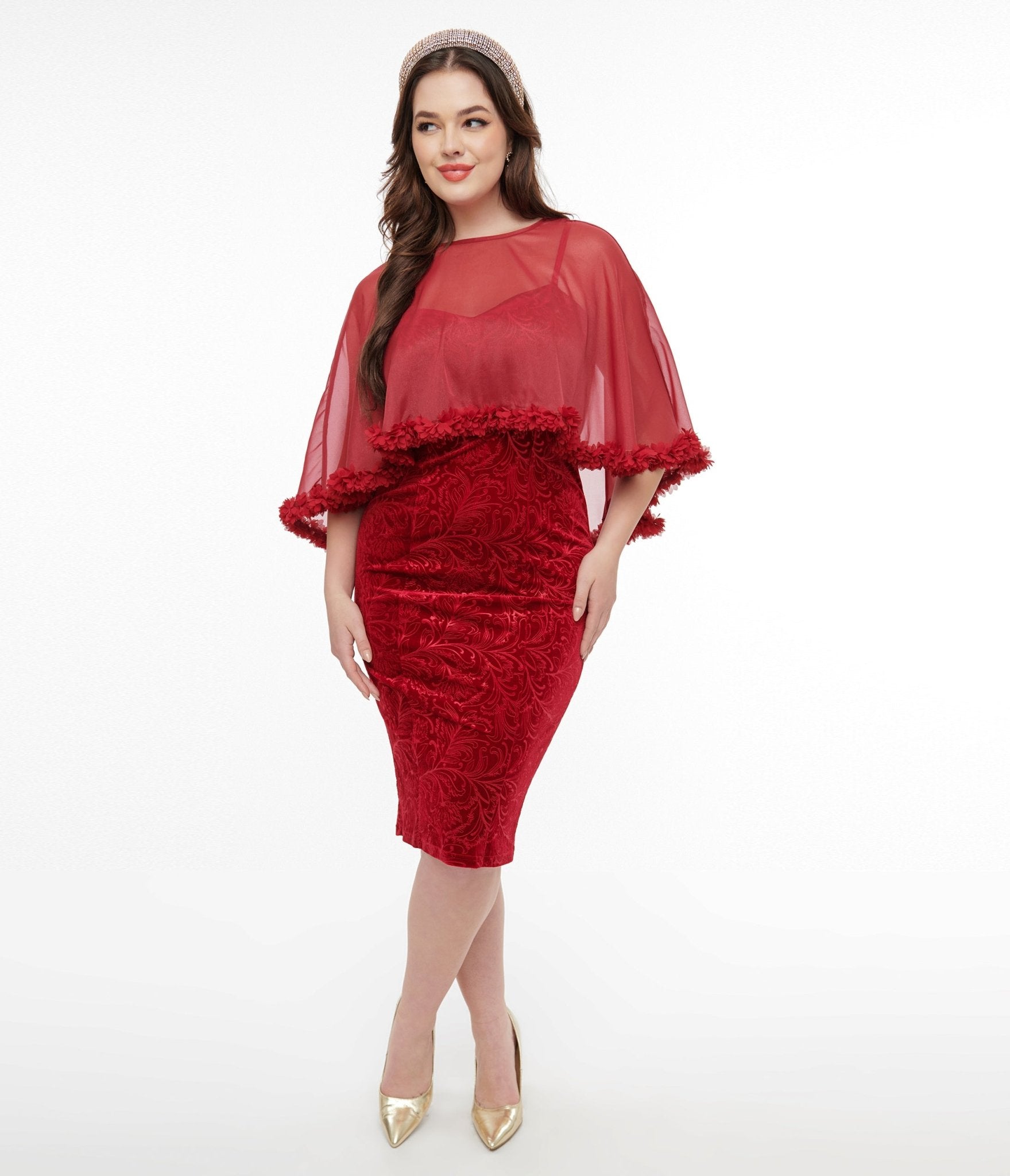 Vintage 1960s Red Velvet Ruffle Capelet Wiggle Dress - Retro Cocktail Party & Holiday Formal Wear - Unique 60s Style Evening Gown for Women