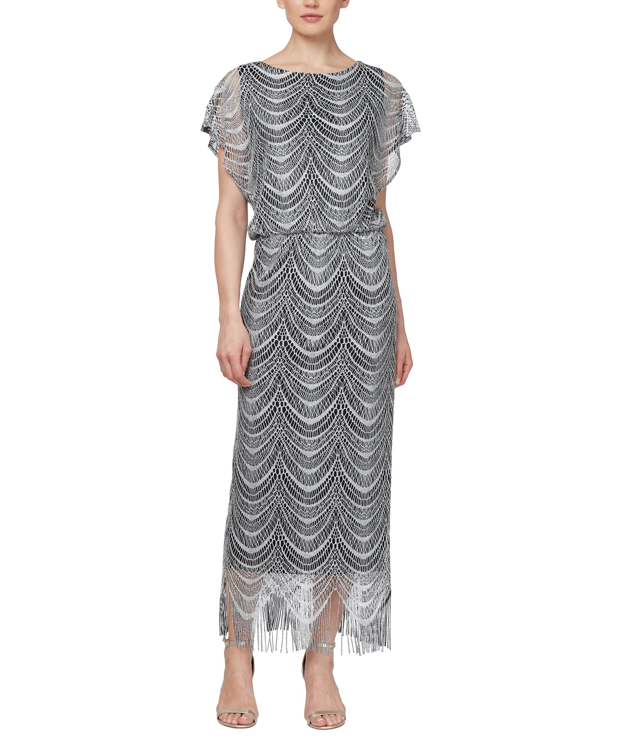 S.L. Fashions Women's Metallic Crochet Dress with Fringe Hemline - Elegant Boho Party Dress for Summer Weddings, Beach Vacations & Night Out