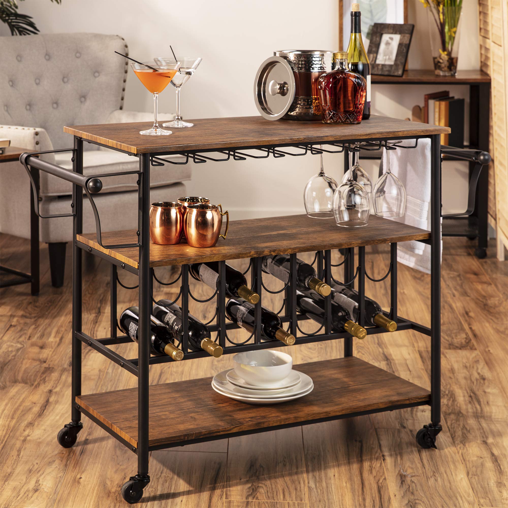 Best Choice Products 45-inch Industrial Wood Shelf Bar & Wine Storage Cart with 14 Bottle Racks & 18 Glass Holders, Locking Caster Wheels - Perfect for Home Bars, Restaurants, and Wine Cellars