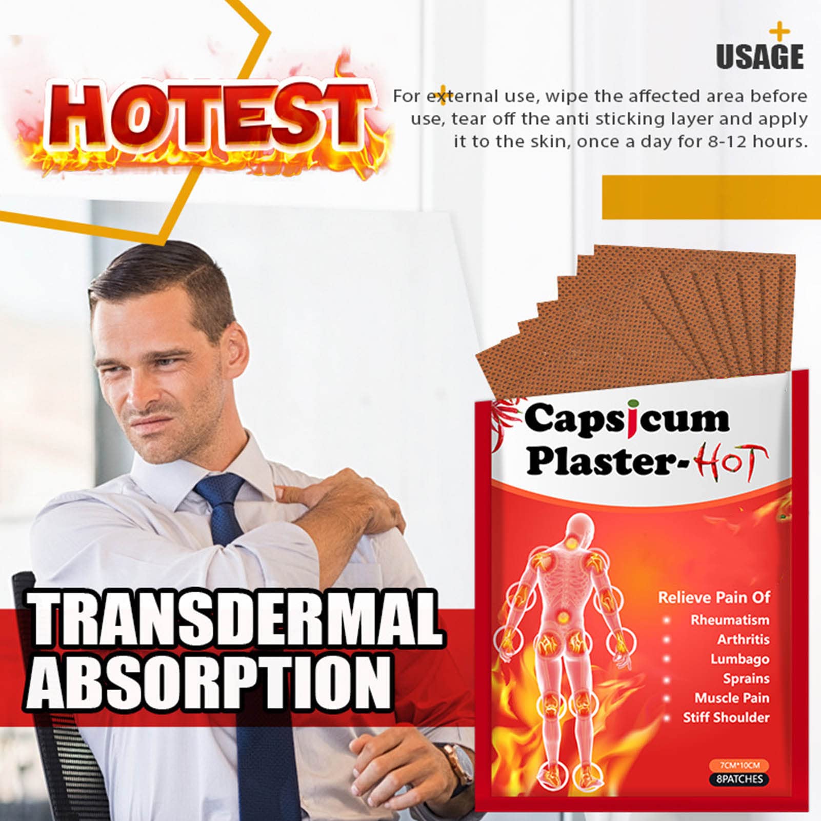 40 Pieces Heat Pain Relief Patches for Back, Neck & Shoulder - Capsicum Plaster for Muscle Pain Relief & Joint Support - Breathable Pain Removal Patch for Workout, Office & Daily Use