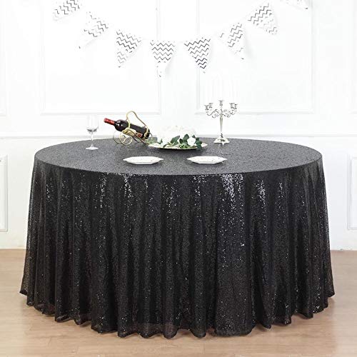 132 Inch Sequin Round Tablecloth - Premium Quality Black Payette Fabric for Weddings, Birthdays, Christmas Parties & Banquet Hall Decorations | Elegant Dining & Event Table Cover