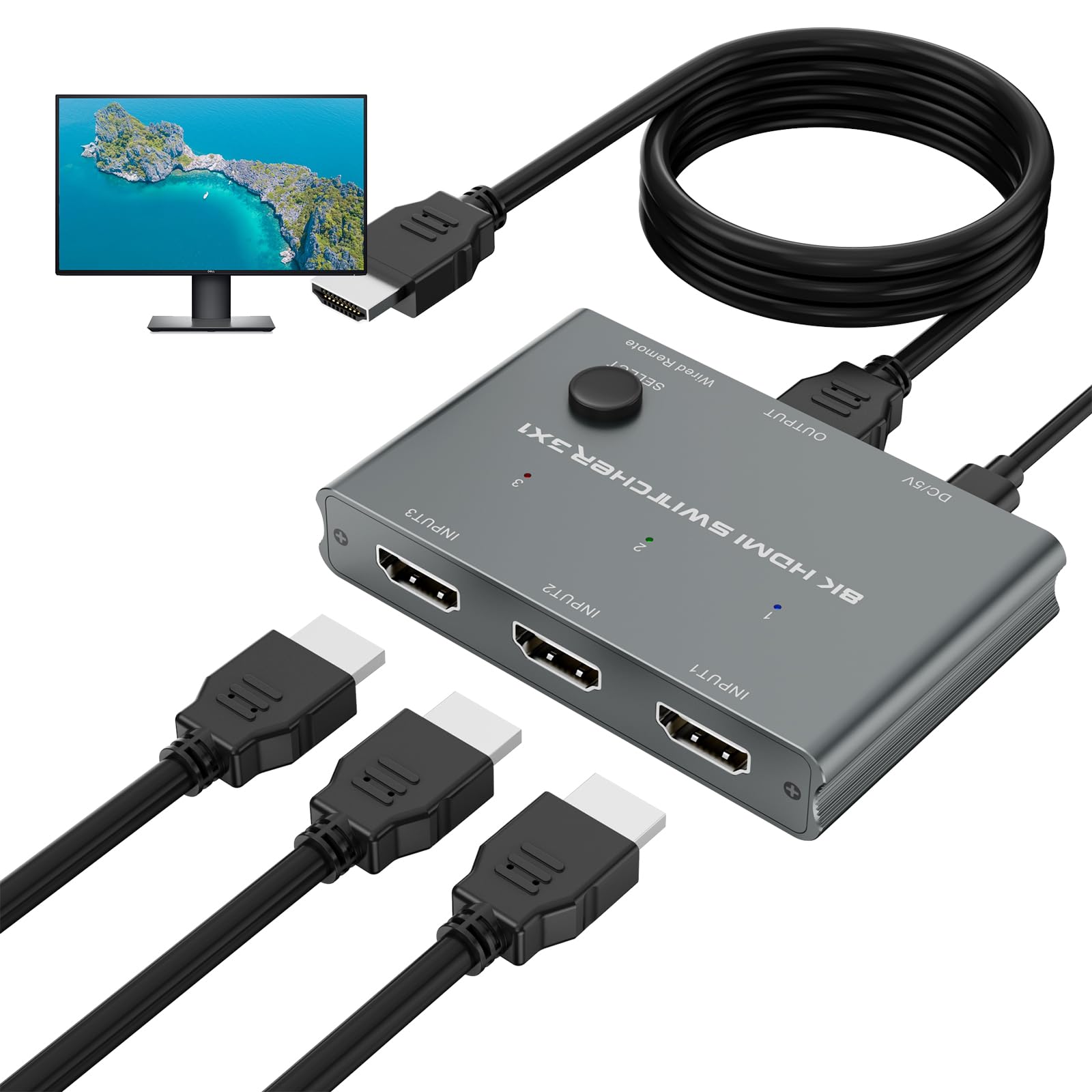8K@60Hz 4K@120Hz HDMI Switch 3 in 1 Out with Wired Controller - 3 Port HDMI Switcher Selector Supports 3D HDR, KVM Switch - Compatible with PS5, Xbox, Nintendo Switch, Roku TV, Fire TV - Perfect for Home Theater, Gaming & Multi-Device Setup