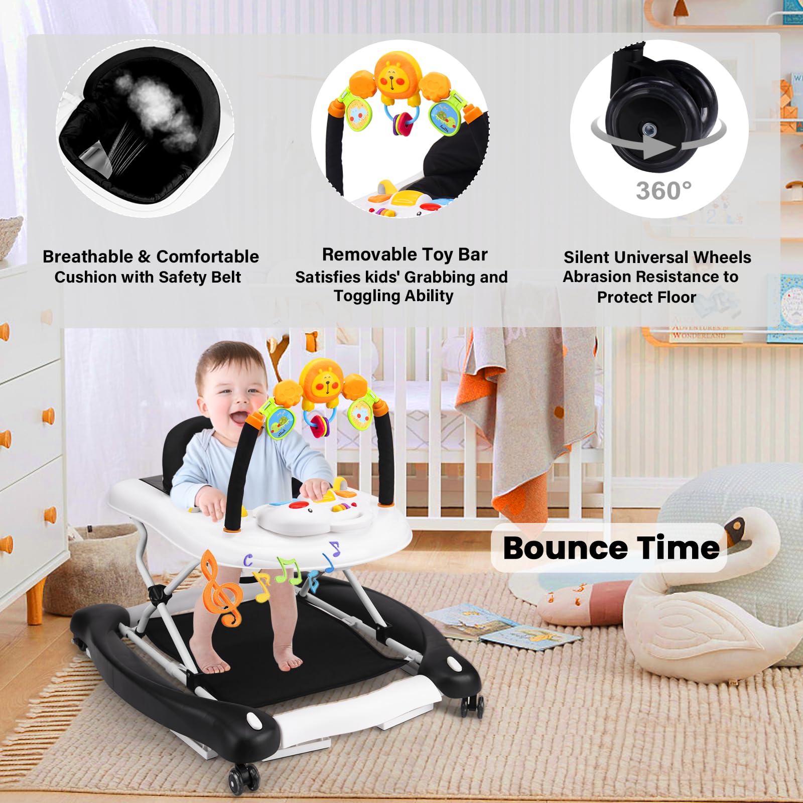 5-in-1 Foldable Baby Walker with Bouncer, Adjustable Height & Removable Tray - Interactive Learning Toy with Music for Infants 6-18 Months - Perfect for First Steps, Playtime & Feeding (Ideal for Nursery, Living Room & Daycare)