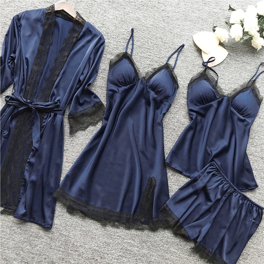 Women's Silk Sleepwear 4-Piece Set - Lace-Trim Pajamas, Belted Robe, Camisole Dress & Shorts | Sexy Nightgown for Women | Perfect for Valentine's Day, Anniversary Gifts & Luxury Bedtime