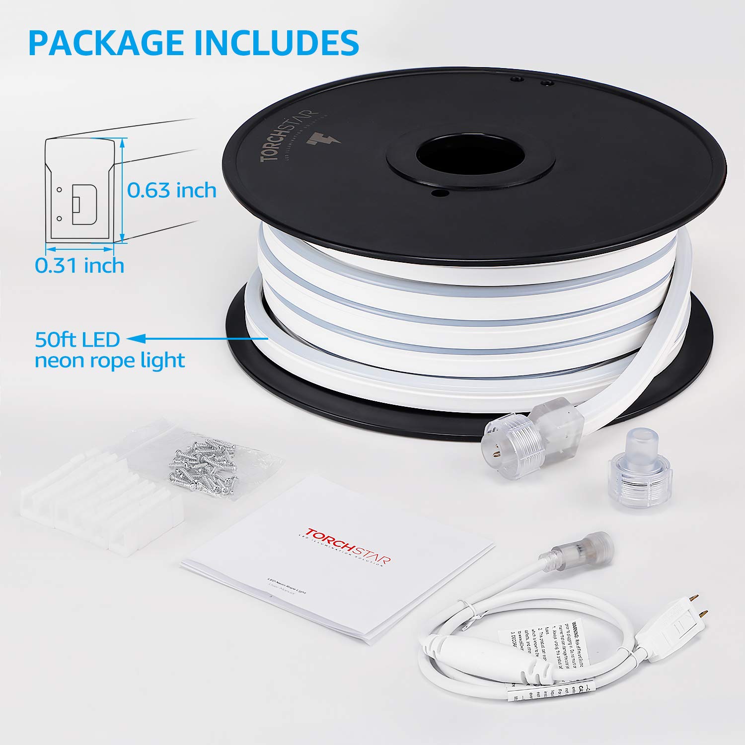 TORCHSTAR 50ft LED Neon Rope Lights - Flexible Outdoor/Indoor Waterproof IP67 Decoration (Daylight White) - UL & ETL Certified 120V Connectable Light Strip (Pack of 2, Max 150FT) - Perfect for Christmas, Halloween, Parties, Weddings & Home Decor