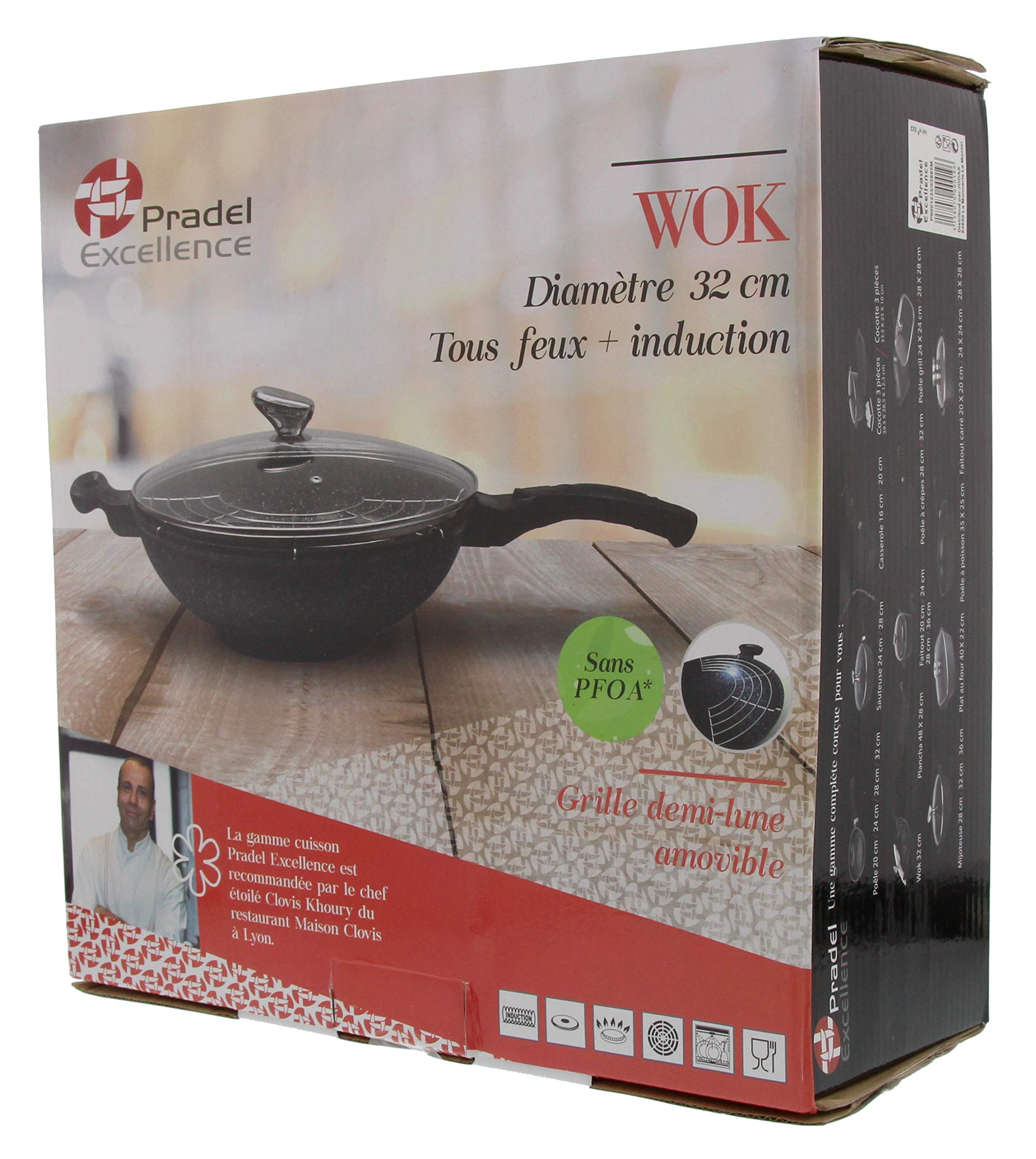 Pradel Excellence 52885M 32cm Stone-Type Wok with Glass Lid - Premium Non-Stick Stir Fry Pan for Asian Cooking, Home Chef & Restaurant Use