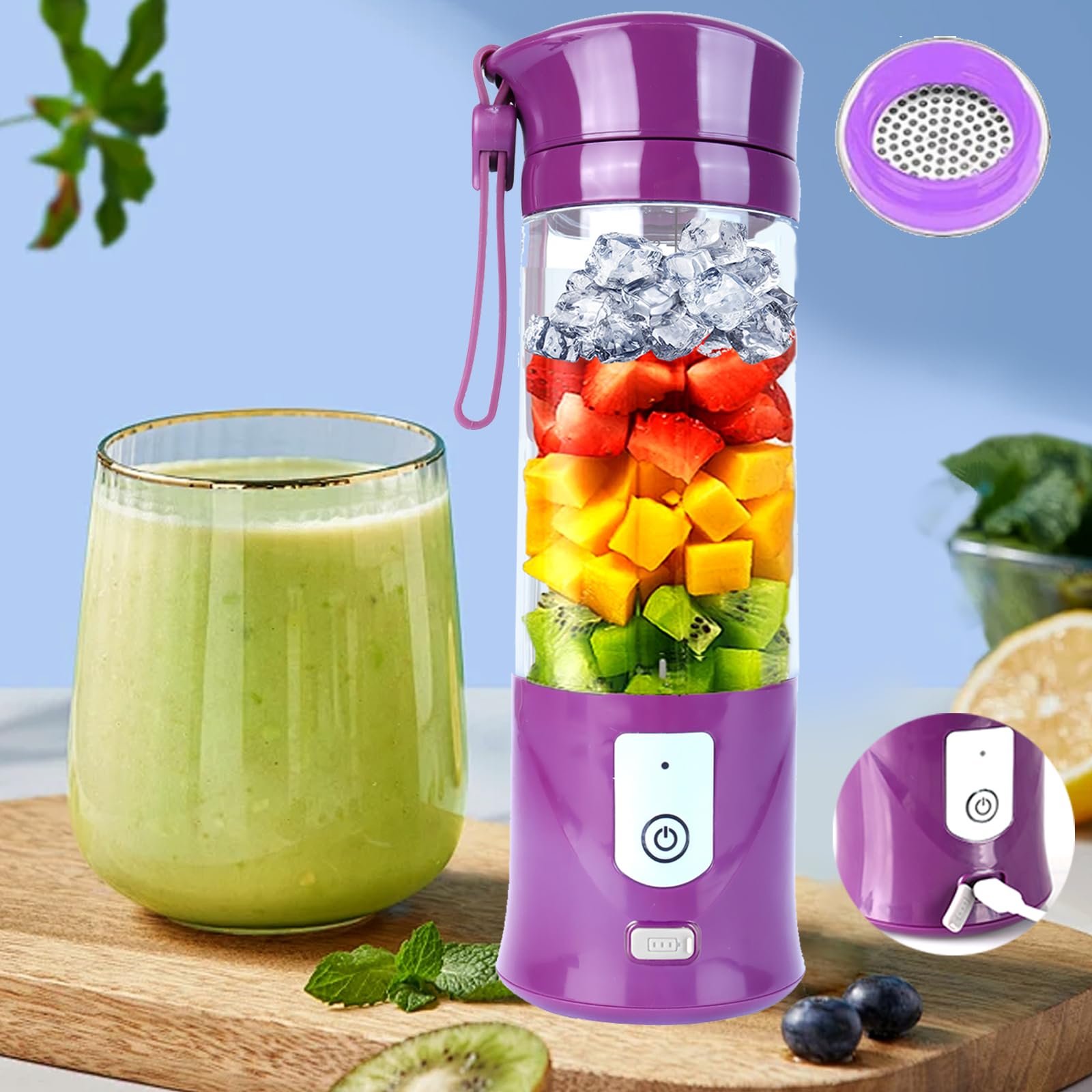 Portable Personal Blender - 13OZ Cordless USB Rechargeable Juicer Cup with 6 Serrated Blades & Self-Cleaning Filter | Perfect for Smoothies, Protein Shakes, Ice Blending & Juicing | Compact Mini Blender for Travel, Gym, Camping & Outdoor Activities