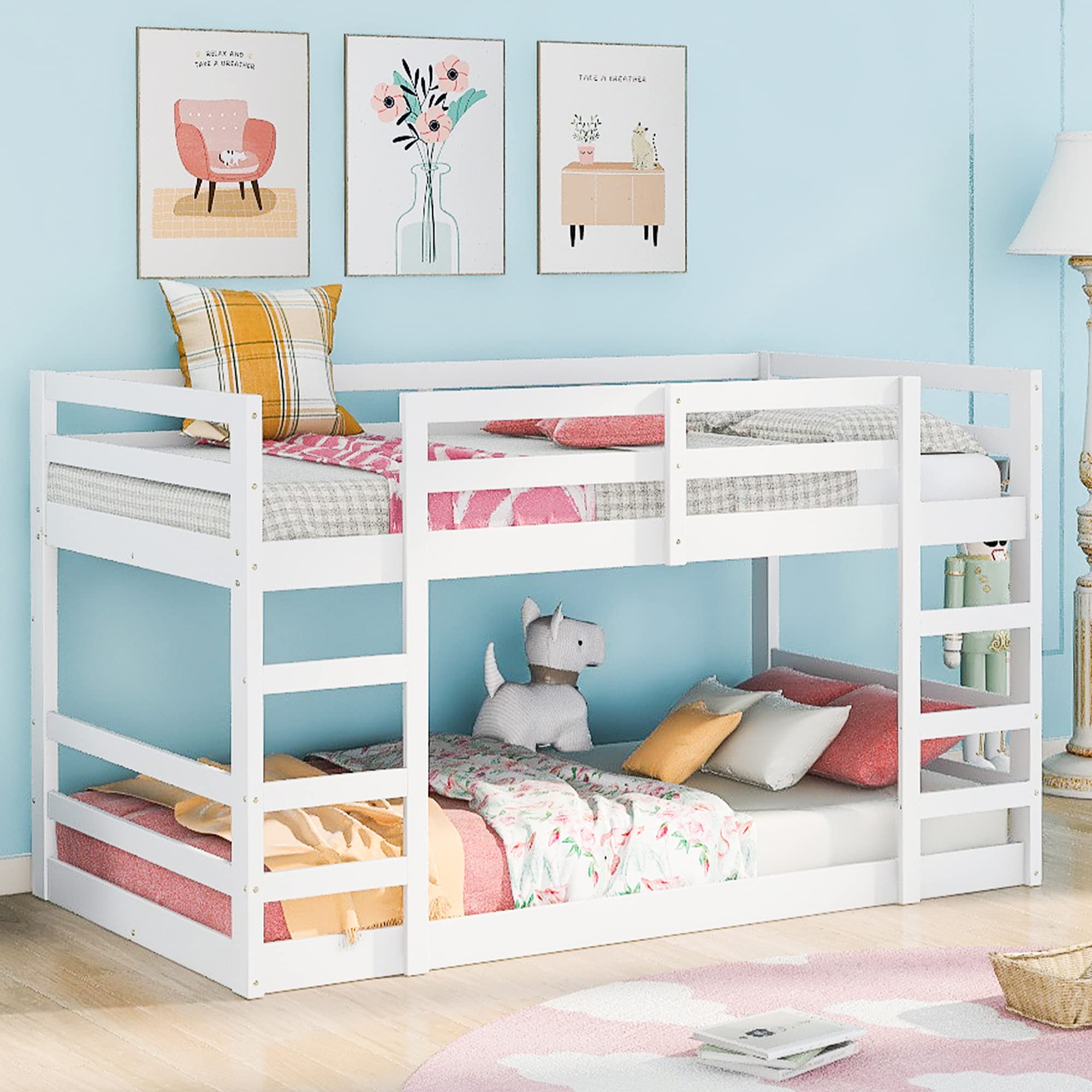 P PURLOVE Twin Over Twin Wooden Low Bunk Bed for Kids & Teens - Sturdy Low Loft Bed with Wood Slats, No Box Spring Needed - Perfect for Small Bedrooms, Shared Kids Rooms & Sleepovers