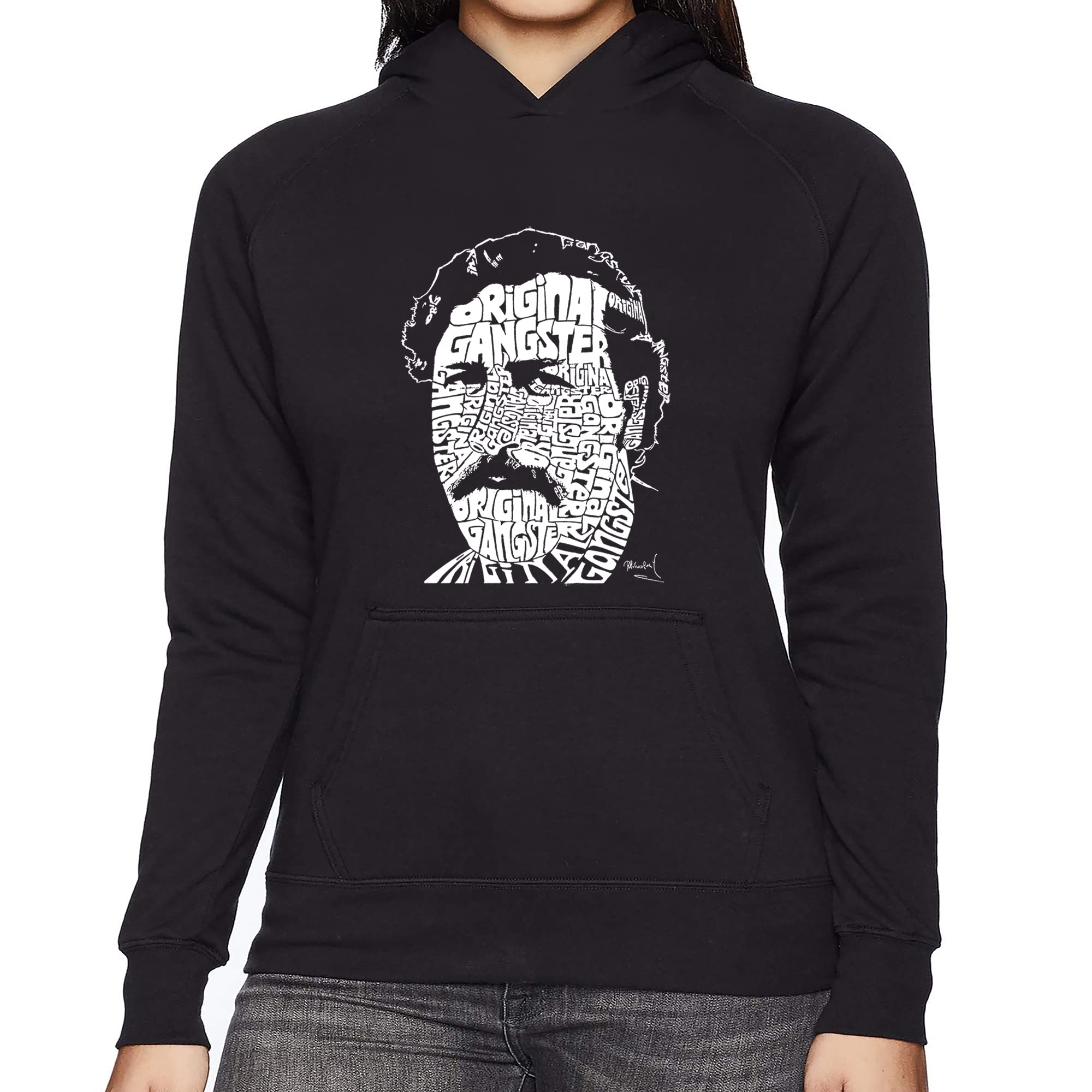 LA POP ART Women's Word Art Hooded Sweatshirt - Pablo Escobar Inspired Graphic Pullover | Trendy Streetwear Fashion for Women | Perfect for Casual Outfits, College Wear & Urban Style