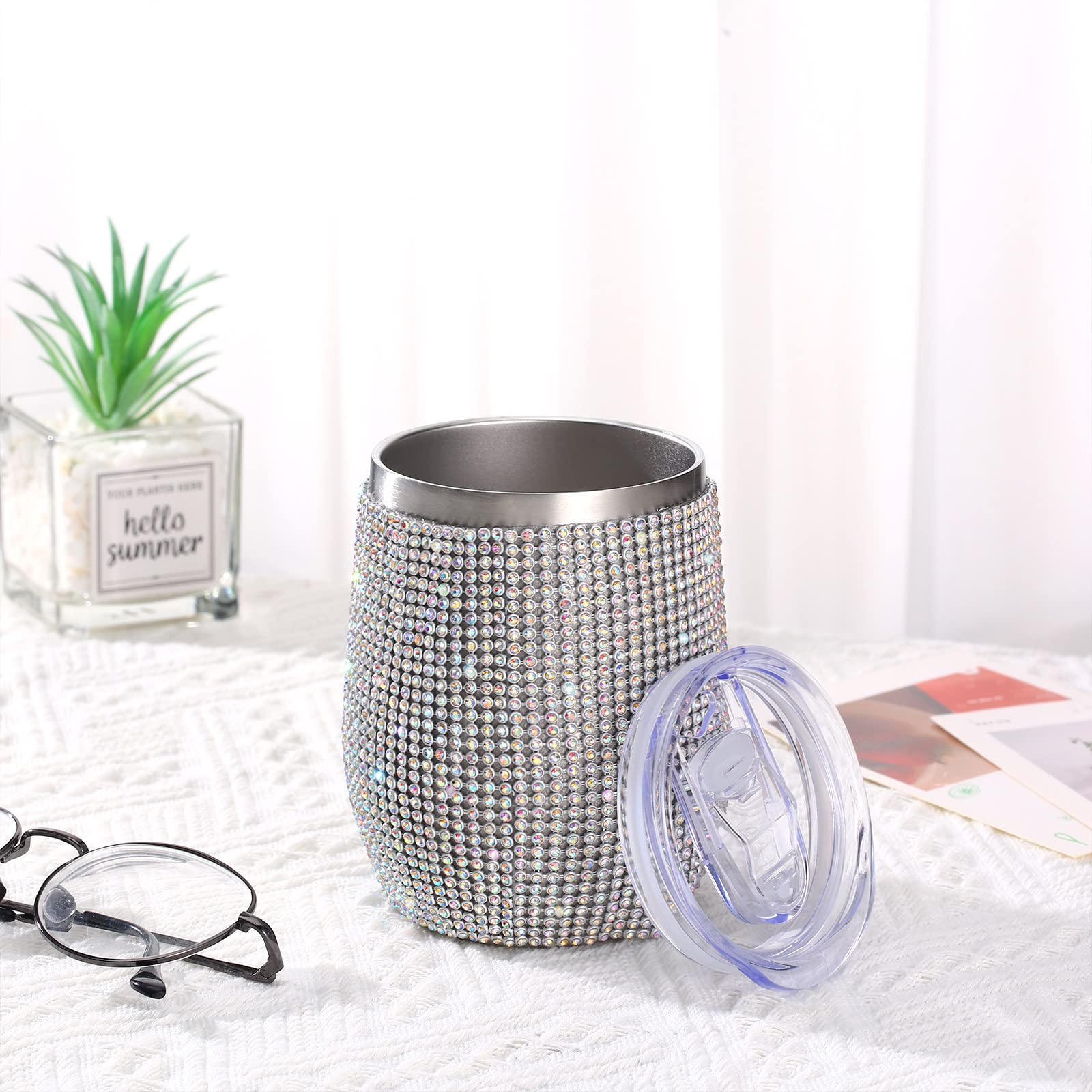 Sparkling Diamond Rhinestone Wine Tumbler Set - Glitter Champagne Glass with Straw & Cleaning Brush for Coffee, Cocktails, Parties (AB Color, 1 Set) - Perfect for Bachelorette Parties, Bridal Showers & Girls Night Out