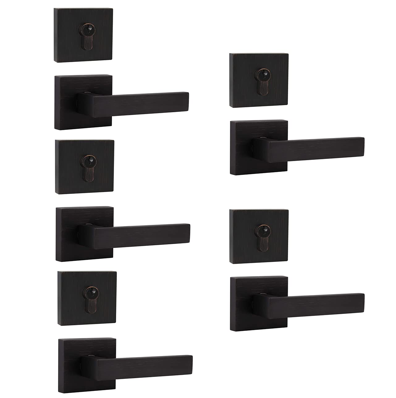 Premium Oil Rubbed Bronze Door Lever & Deadbolt Combo Set (5-Pack) - Keyed Alike Square Handleset for Exterior Doors - Heavy Duty Modern Security Lock System - Perfect for Homes, Offices & Commercial Buildings