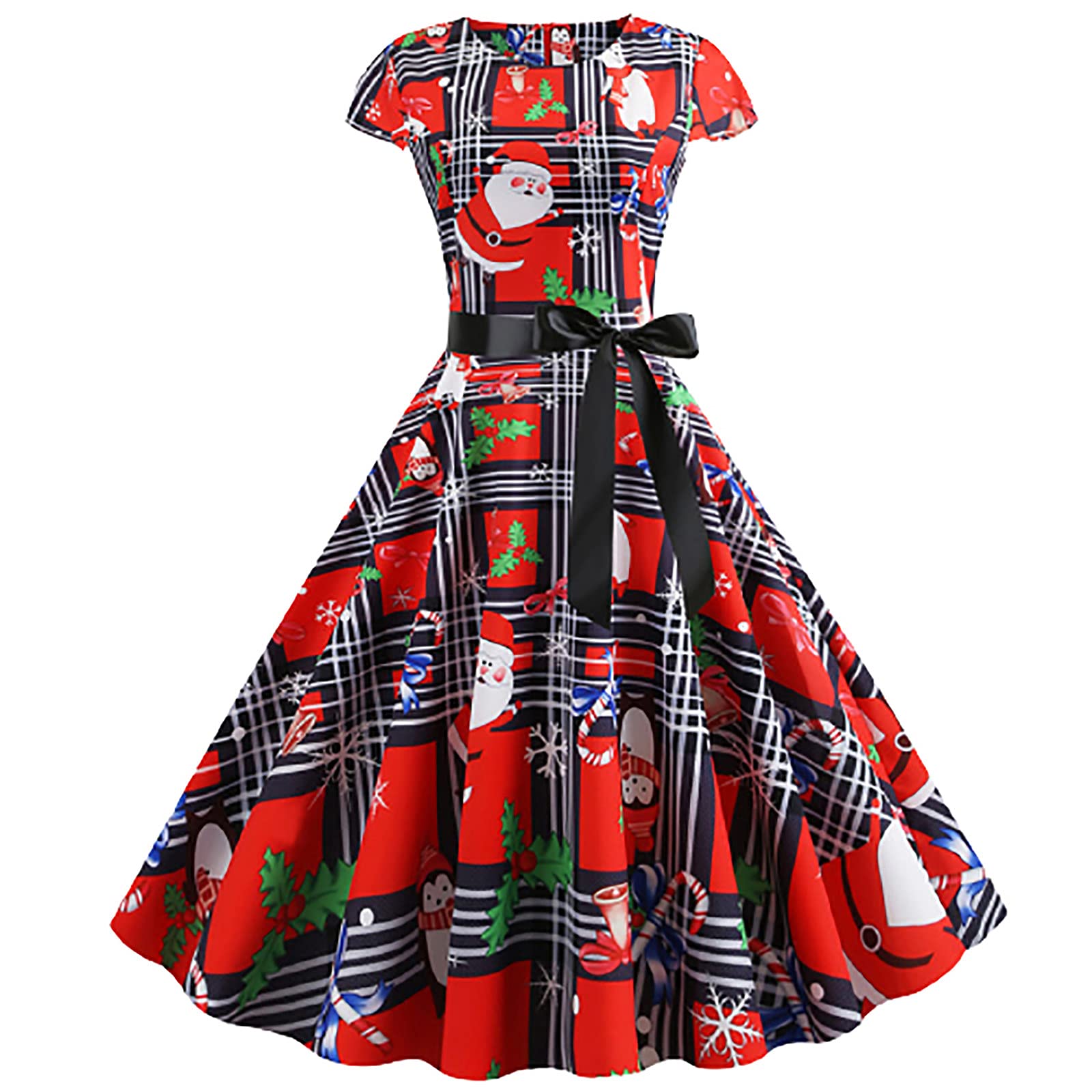 Vintage 1950s Plaid Christmas Dress for Women - Cap Sleeve Midi Formal Prom Party Dress | Holiday Office Party, Christmas Dinner & Special Occasions