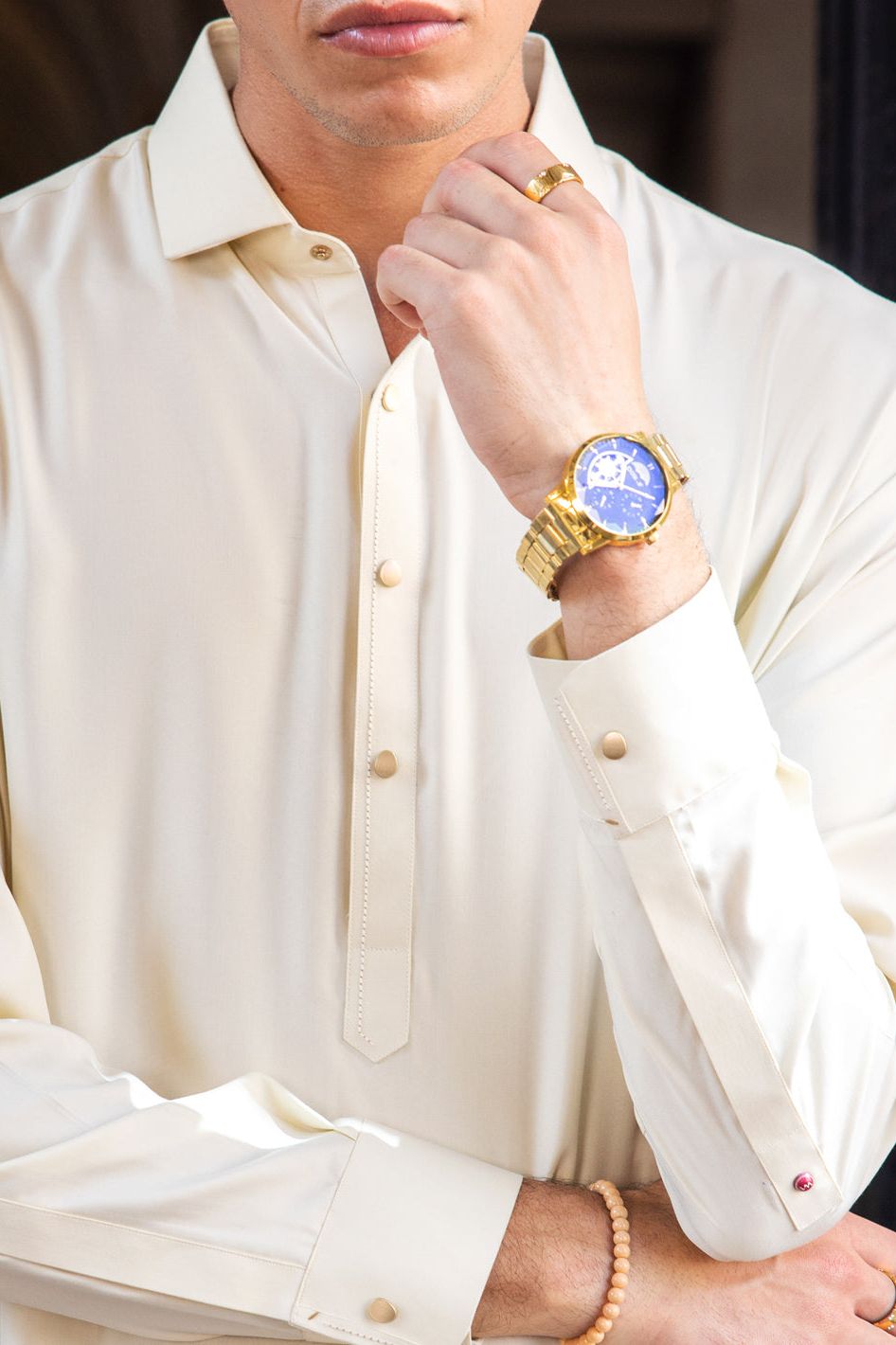 Stylish Blended Cream Shalwar Kameez by Wasim Akram | Premium Pakistani Traditional Outfit by Almirah | Perfect for Weddings, Festivals & Special Occasions