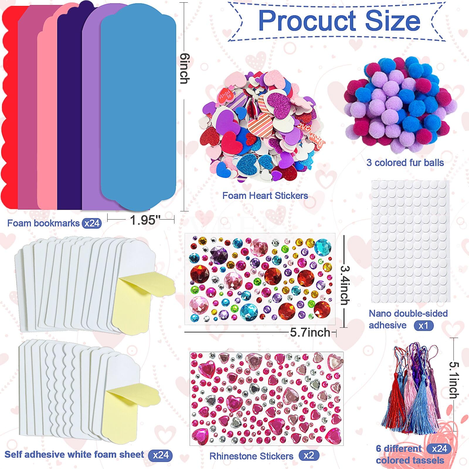 24 Sets Valentine's Day DIY Craft Kit for Kids - Foam Bookmarks with Self-Adhesive Heart Stickers & Pom Poms - Classroom Activity Supplies, Party Favors, Gift Exchange Ideas for Valentine's Day Celebrations