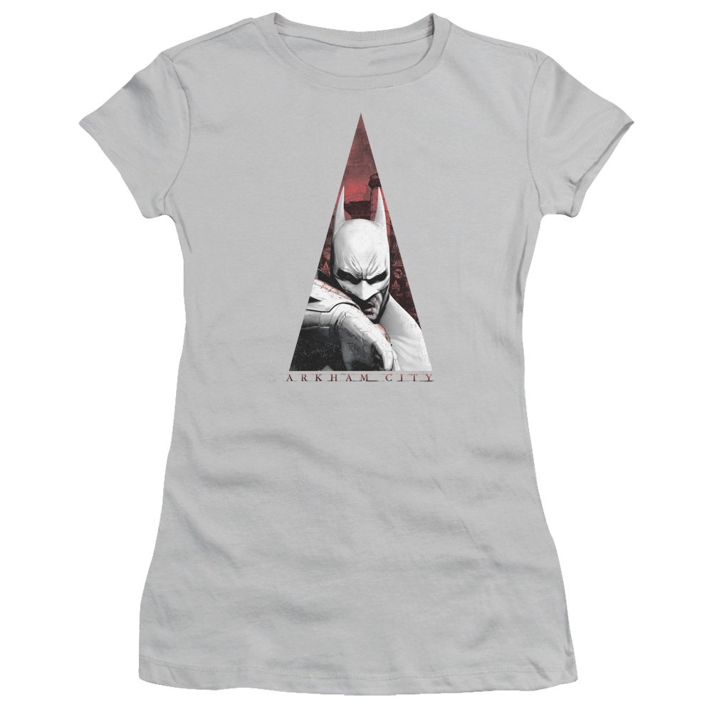 Trevco Batman Arkham City Bat Symbol Juniors' Sheer Fitted T-Shirt for Cosplay & Comic Con | Superhero Graphic Tee for Girls & Teens | Perfect for Halloween Costumes & Batman Fans