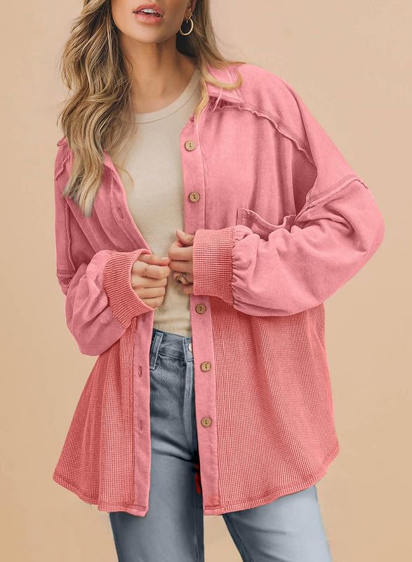 SHEWIN Women's Waffle Knit Shacket - Fall Fashion Button Down Shirt Jacket, Loose Fit Long Sleeve Tops for Casual Outfits & Layering | Perfect for Autumn Outings, Office Wear & Weekend Errands